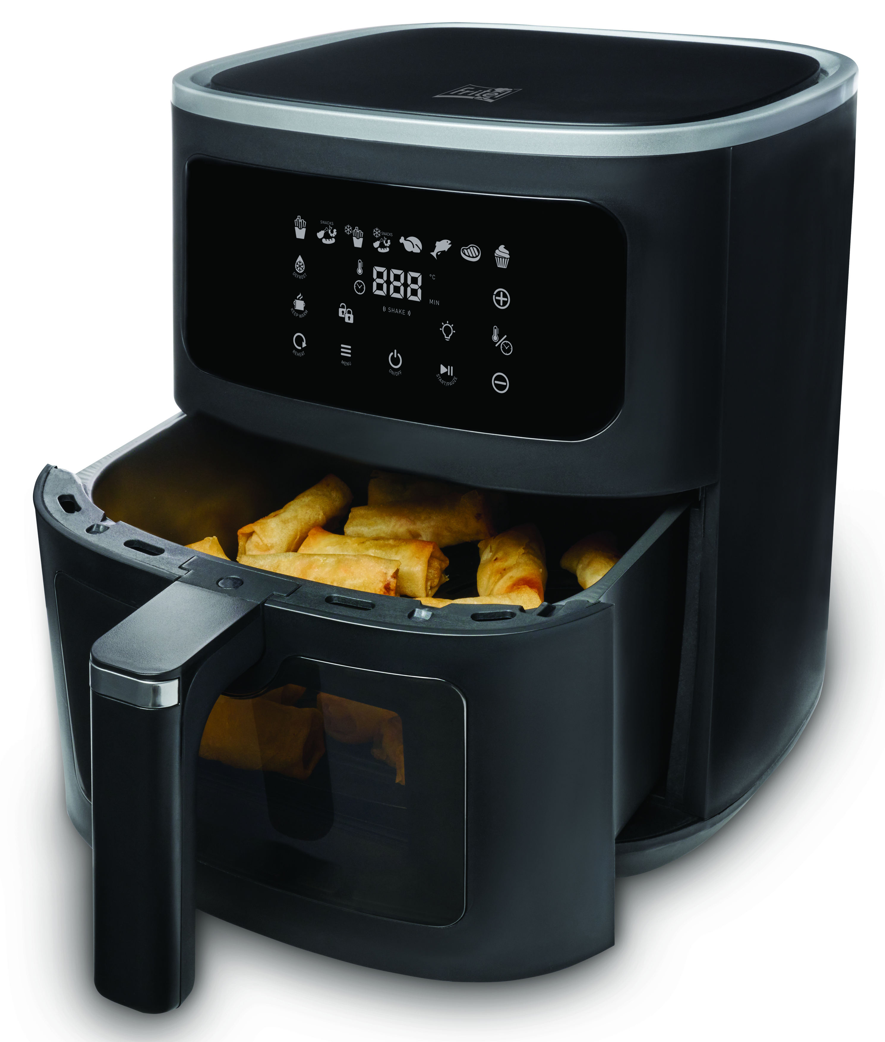 Black air fryer with spring rolls in the basket and digital controls on display.