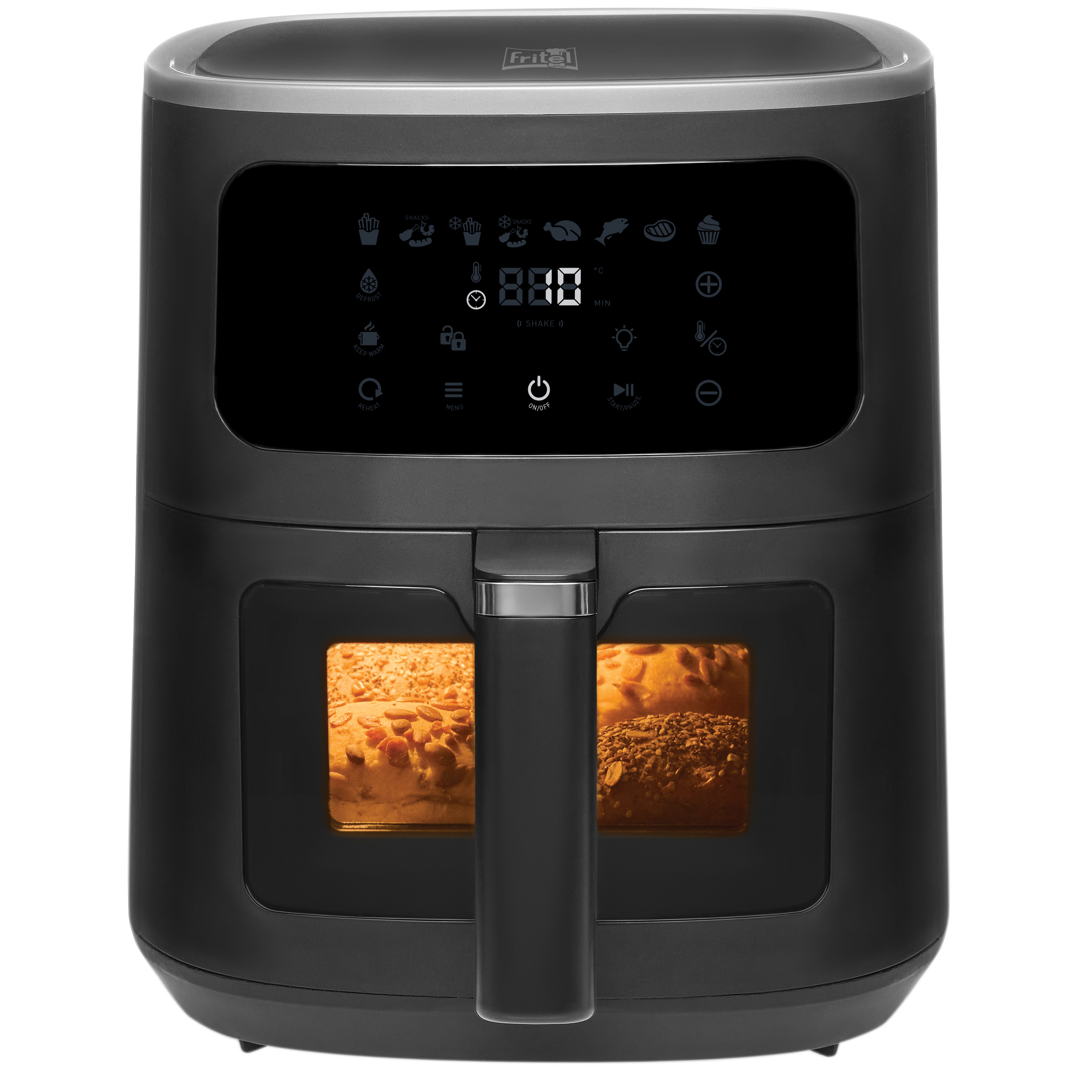 Black air fryer with a viewing window and digital display. Two loaves of bread are visible inside.