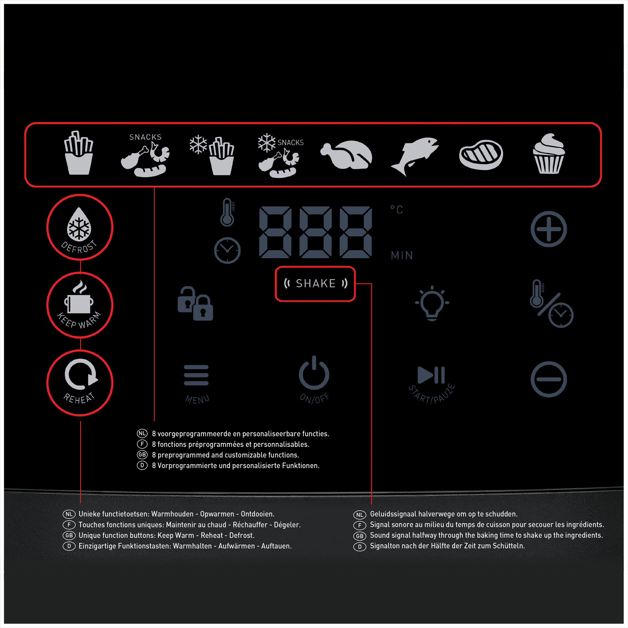 Control panel with icons for defrost, keep warm, reheat, snacks, and timer.