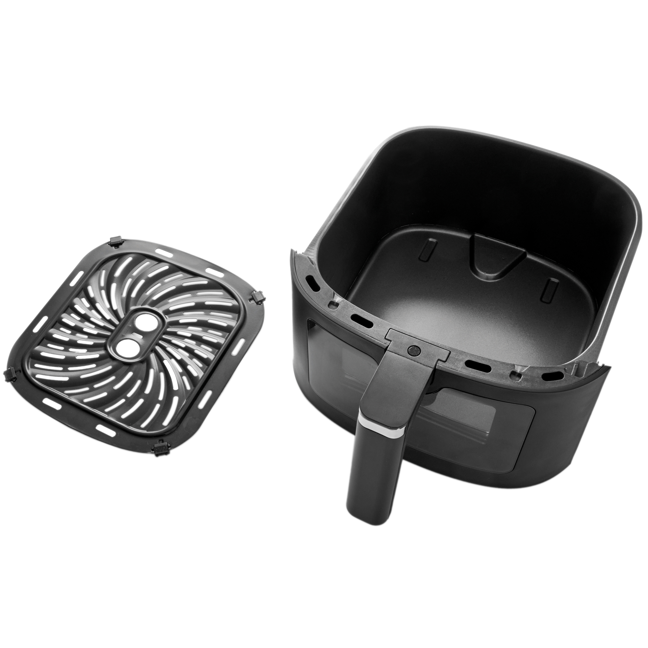 Black air fryer basket and insert on a white background.