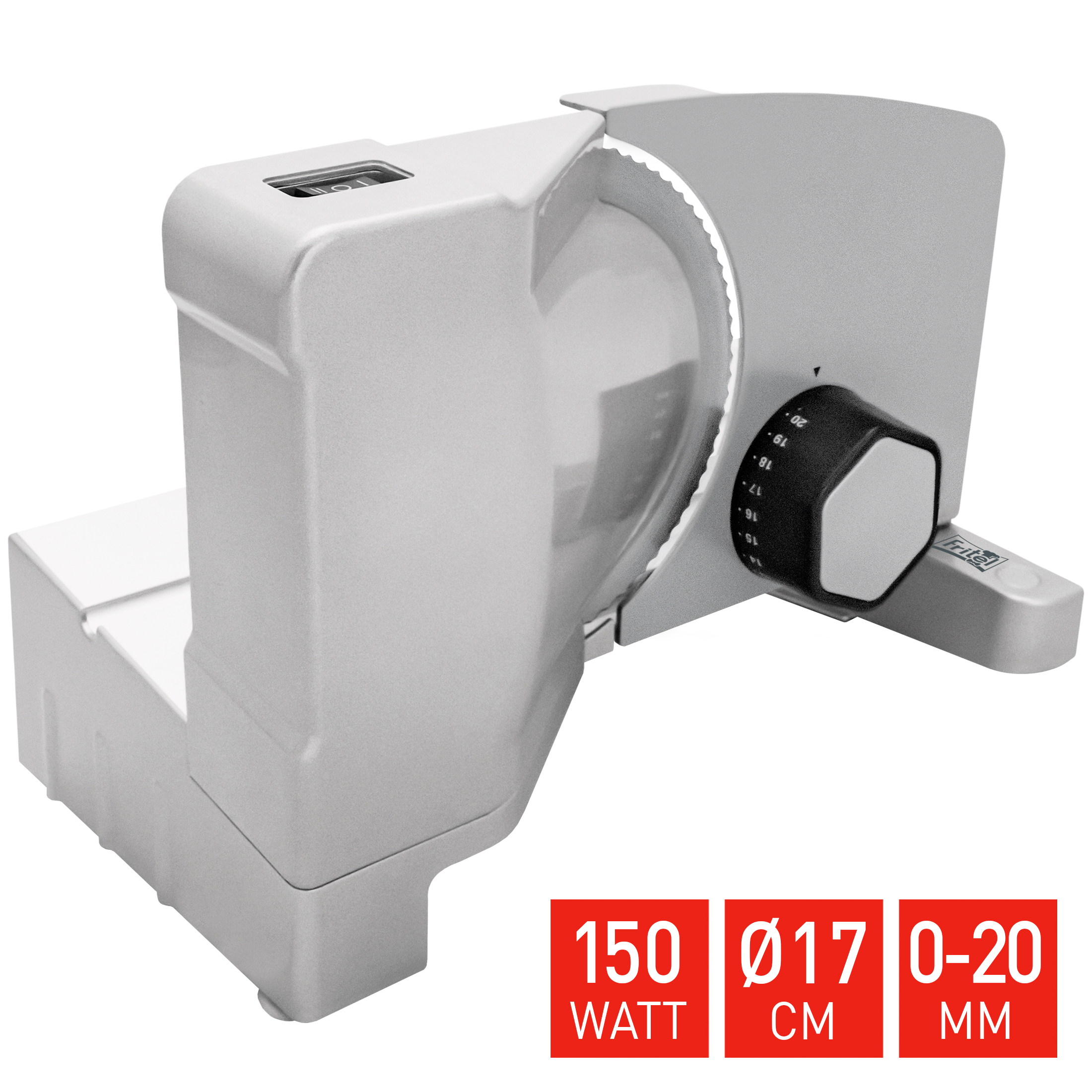 Gray electric slicer with adjustable thickness and power rating.