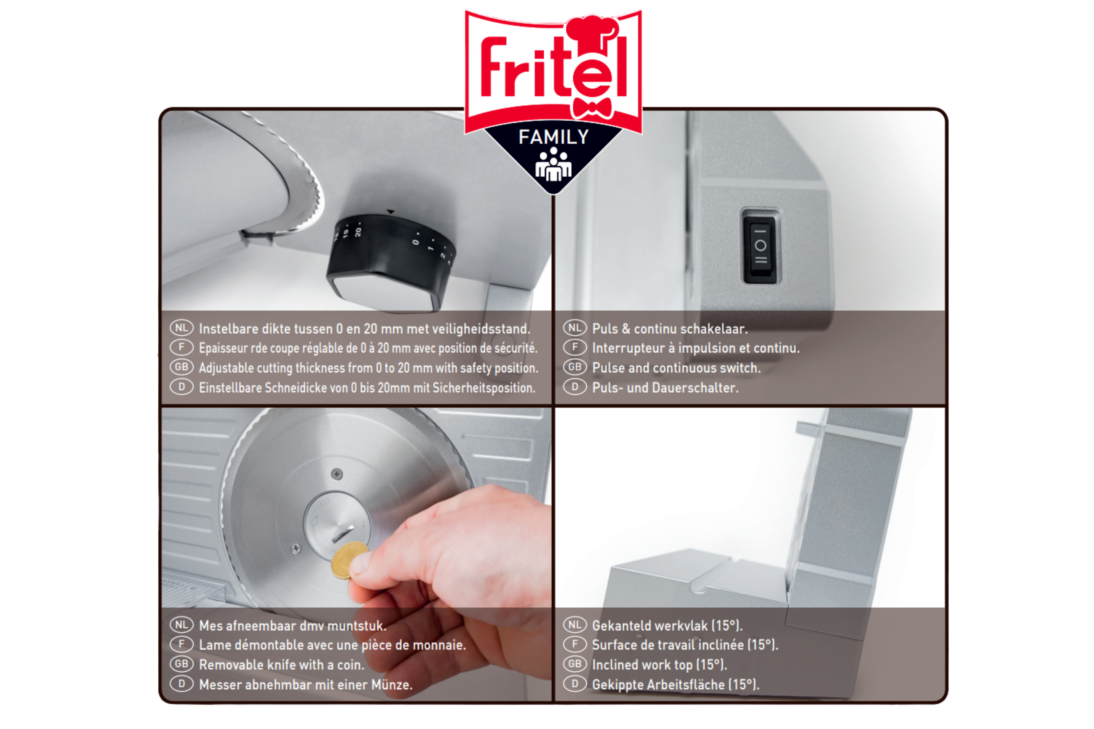 Fritel slicer details: thickness adjustment, switch, blade, worktop.