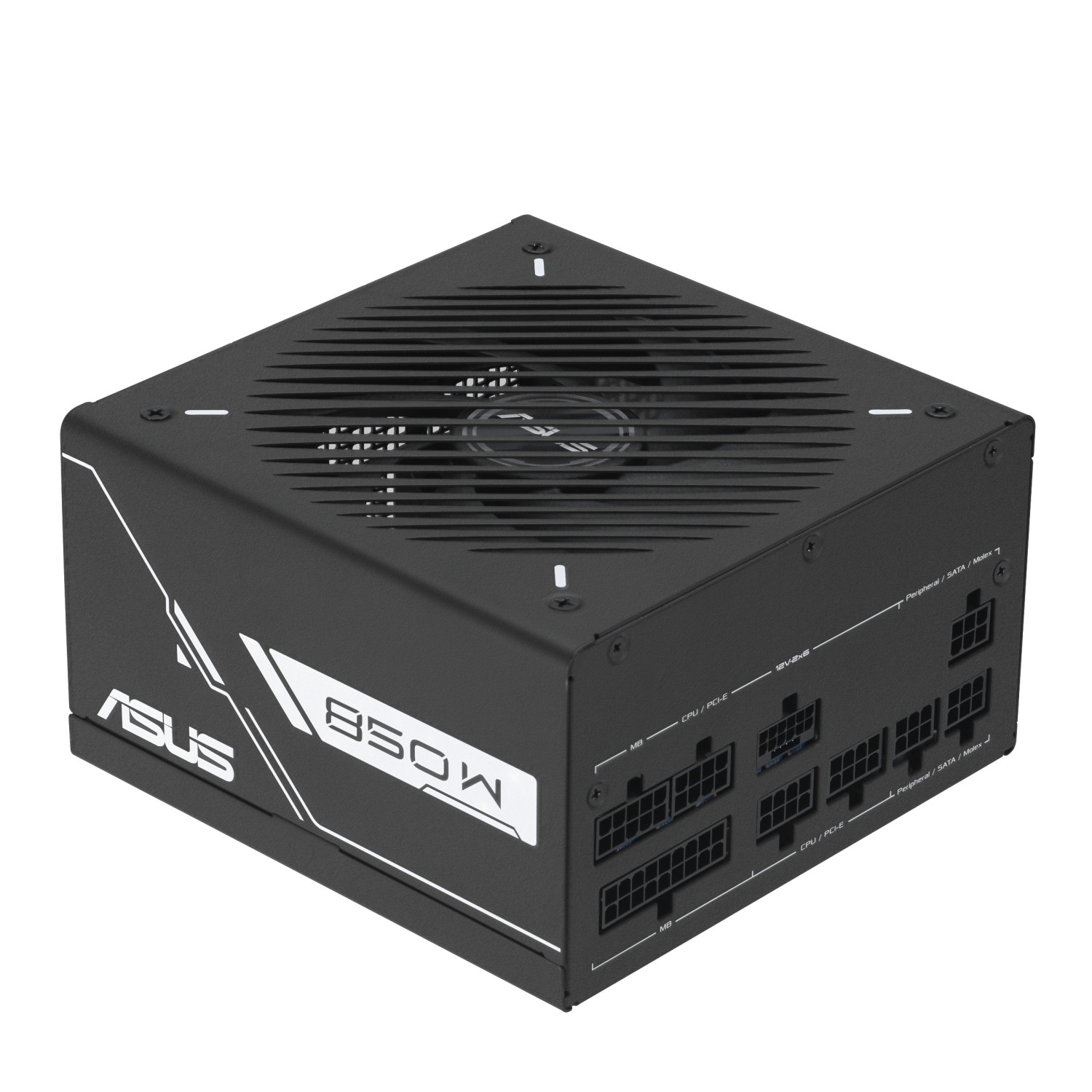 Czarny zasilacz ASUS 850W ze złączami MB, CPU, PCIe, SATA i Molex.