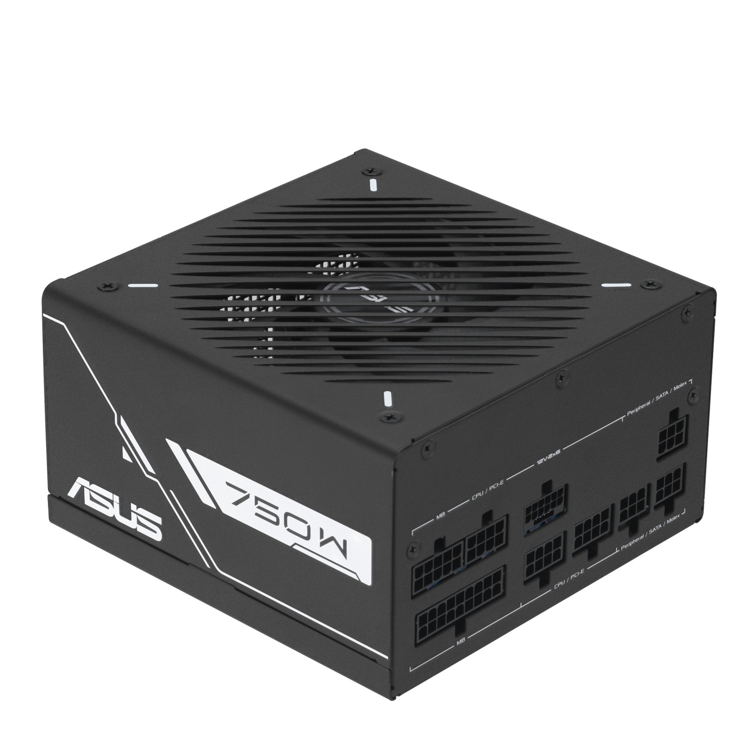 Czarny zasilacz ASUS 750W z wentylatorem i różnymi portami.