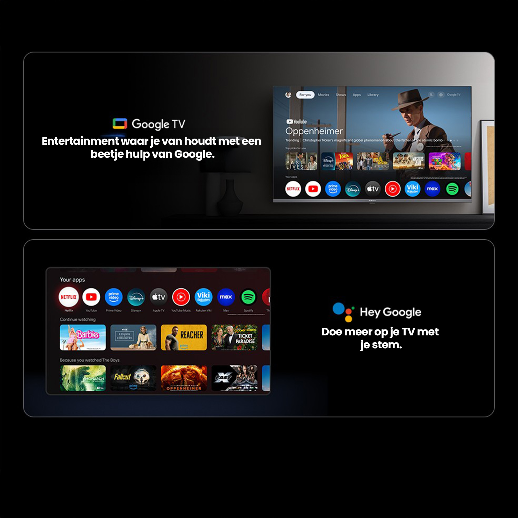 Google TV pokazuje filmy takie jak Oppenheimer, aplikacje i polecenie głosowe 'Hey Google'.
