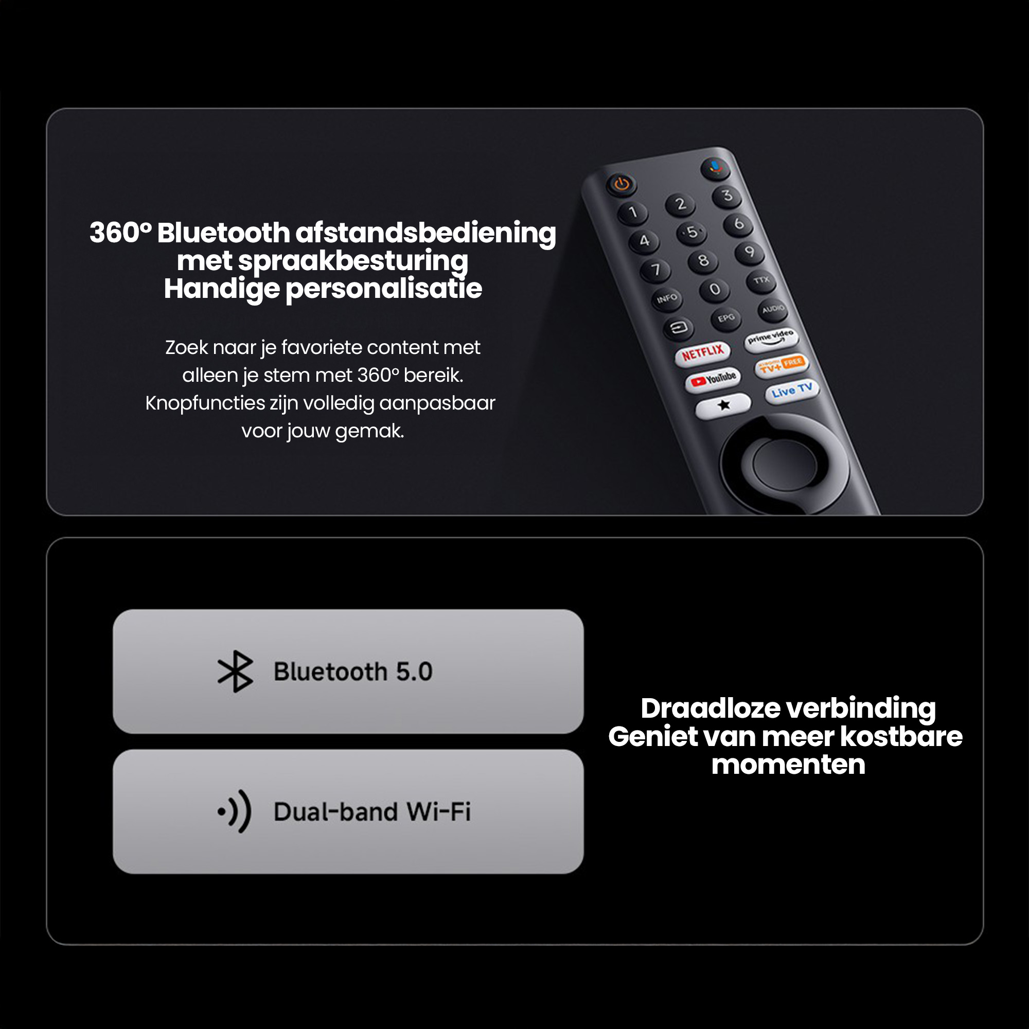 Czarny pilot z przyciskami i tekstem. Na dole: Bluetooth 5.0 i dwuzakresowe Wi-Fi.
