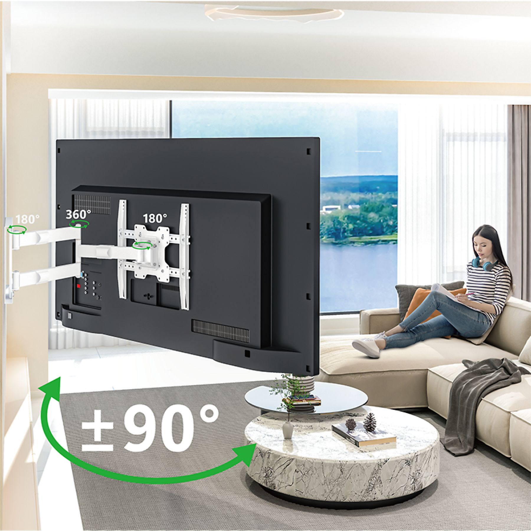 Een witte tv-muurbeugel met zwarte tv, 180°, 360° en ±90° draaibaar.