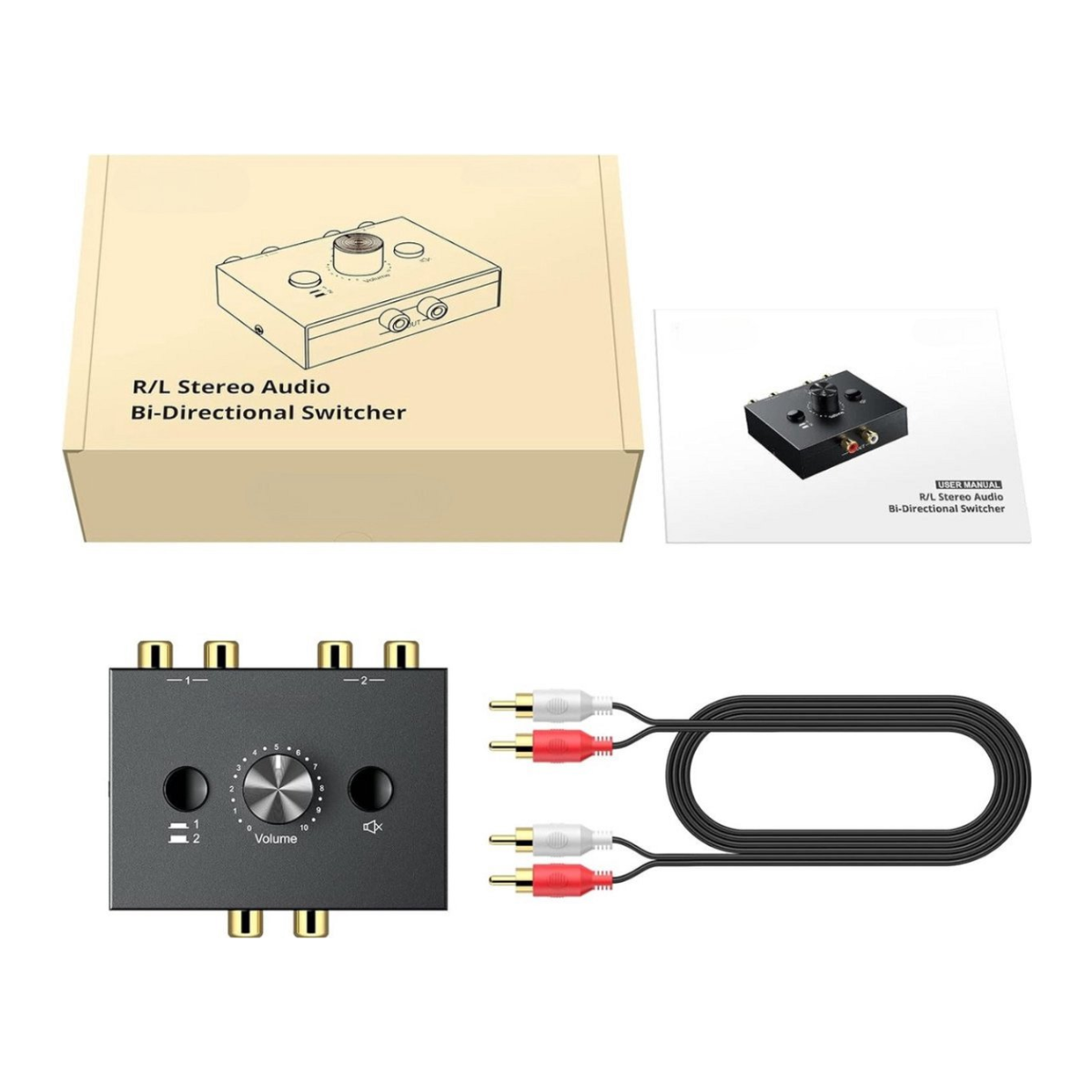 Een stereo audio switch met volumeknop, kabels en handleiding.