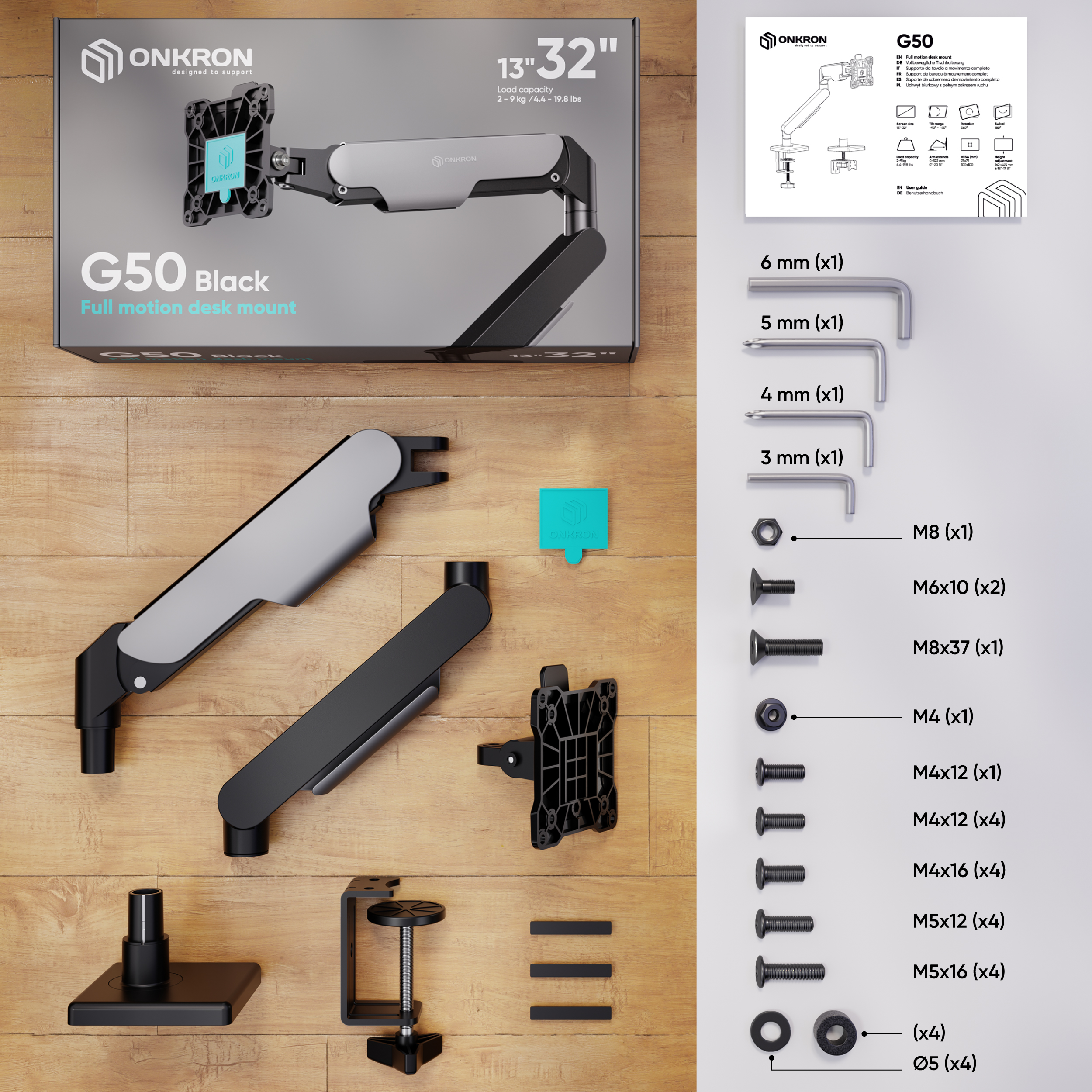 Na drewnianej podłodze leżą ramię biurkowe, podstawa zaciskowa i śruby.