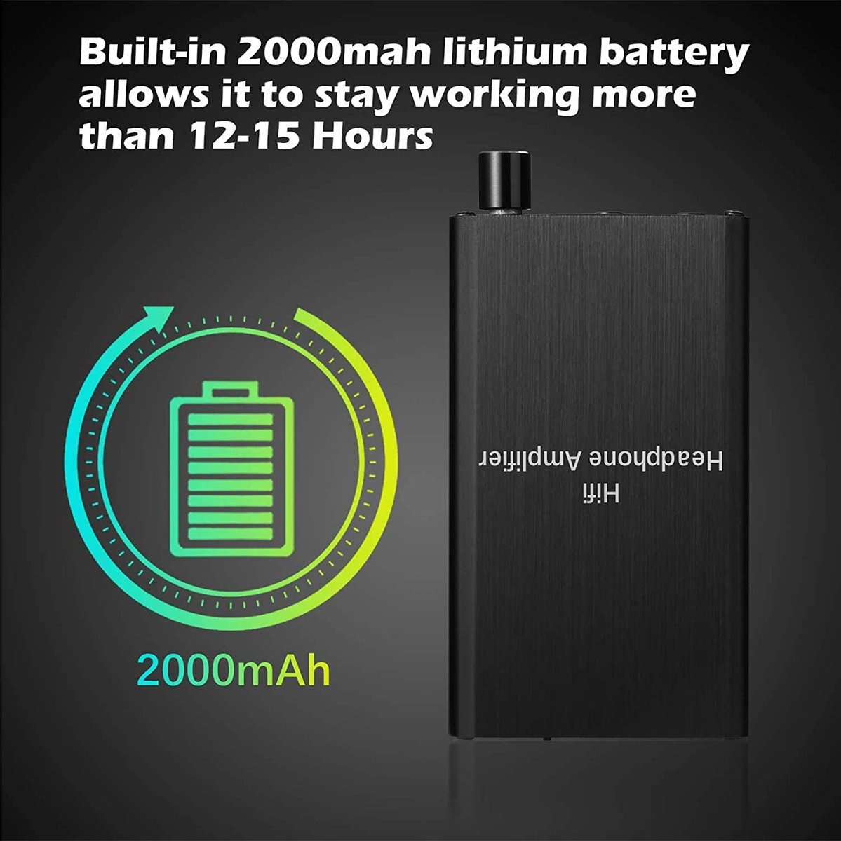 Black headphone amplifier with 2000mAh battery, 12-15 hours playtime.