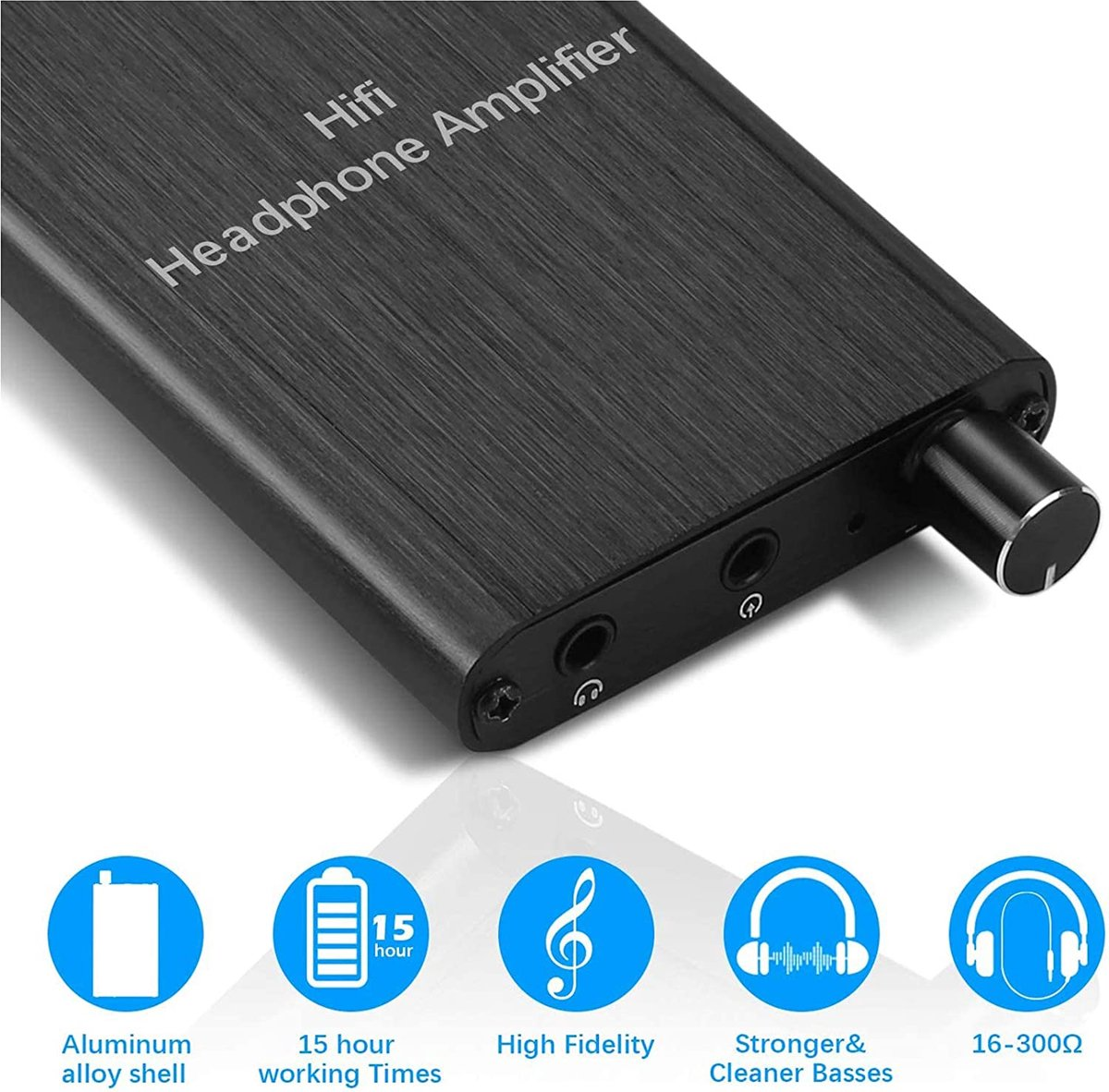 Black Hifi headphone amplifier with volume knob and ports. Icons show battery, music note, headphones.