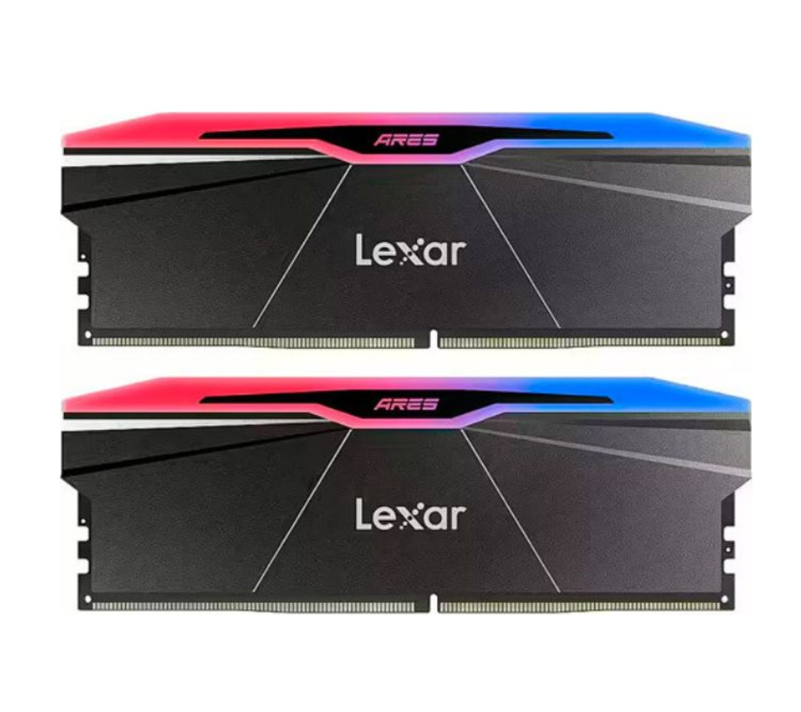 Two black Lexar RAM modules with red and blue RGB lighting.