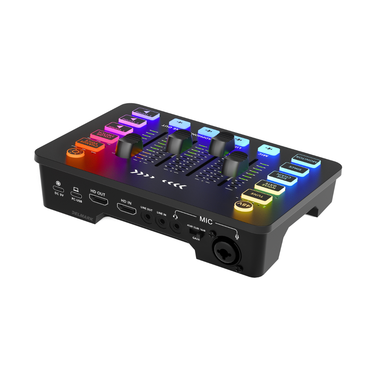 Zwart audiotoestel met schuifregelaars, knoppen en verlichte knoppen.