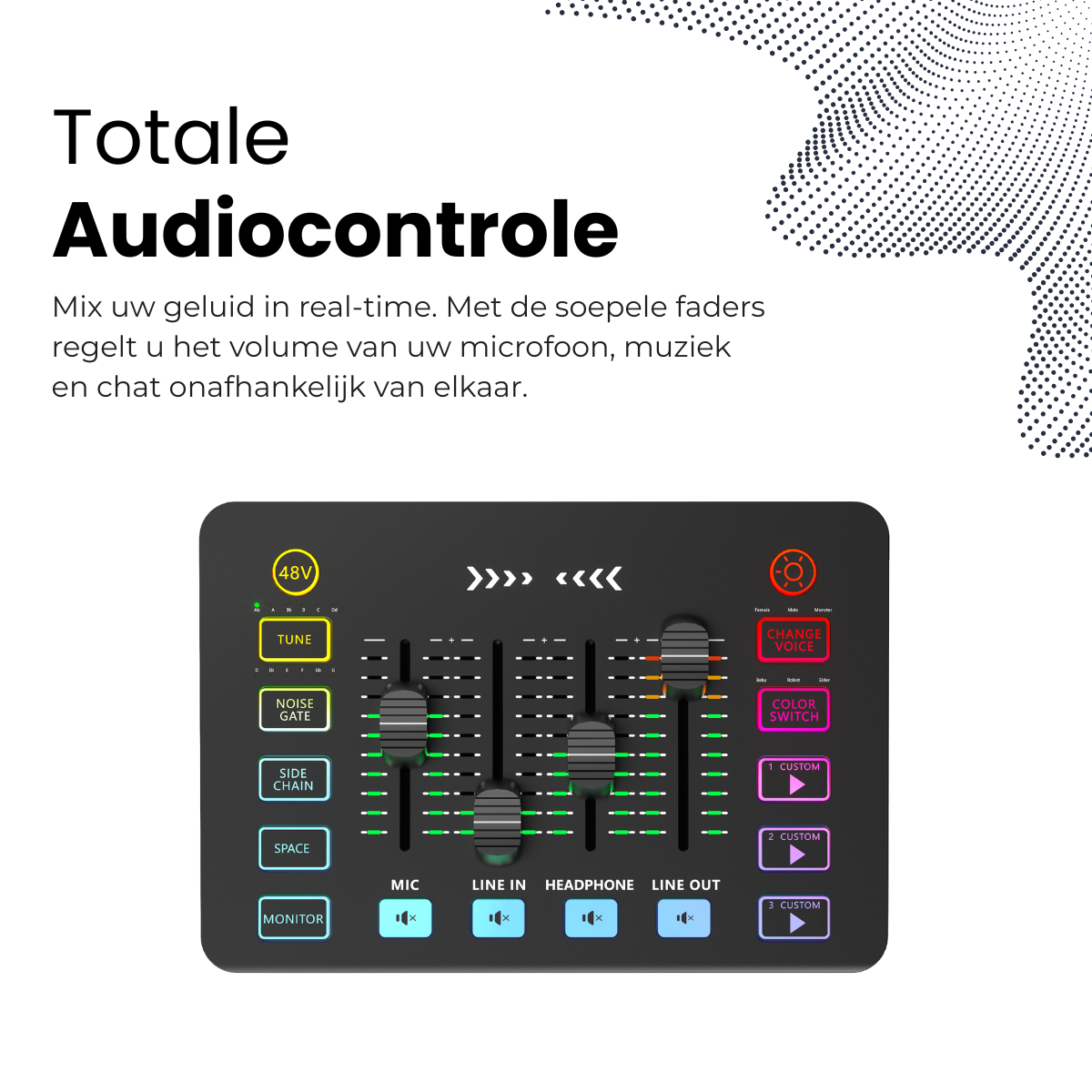 Een audio-controller met schuifregelaars, knoppen en draaiknoppen voor microfoon, lijninvoer, hoofdtelefoon en lijnafspeel.