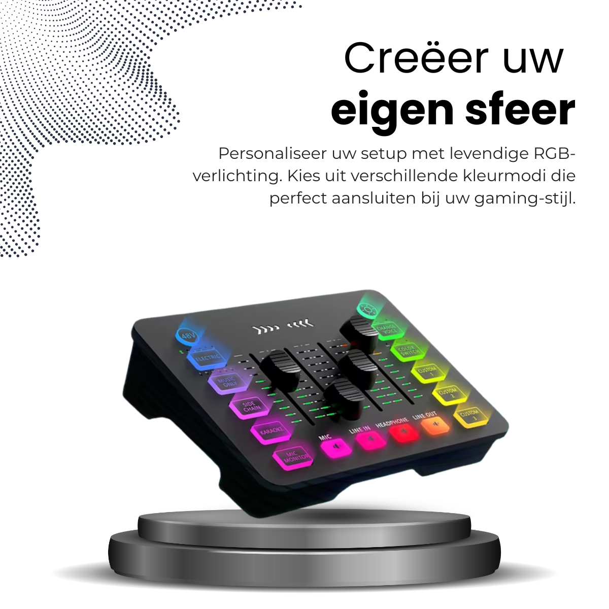 Een zwarte RGB audiomixer met schuifregelaars en verlichte knoppen op een standaard.