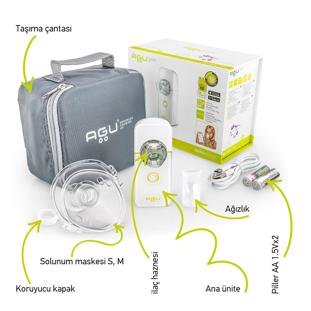 Taşıma çantalı, maskeli, ana üniteli, kablolu ve pilli inhalatör seti.