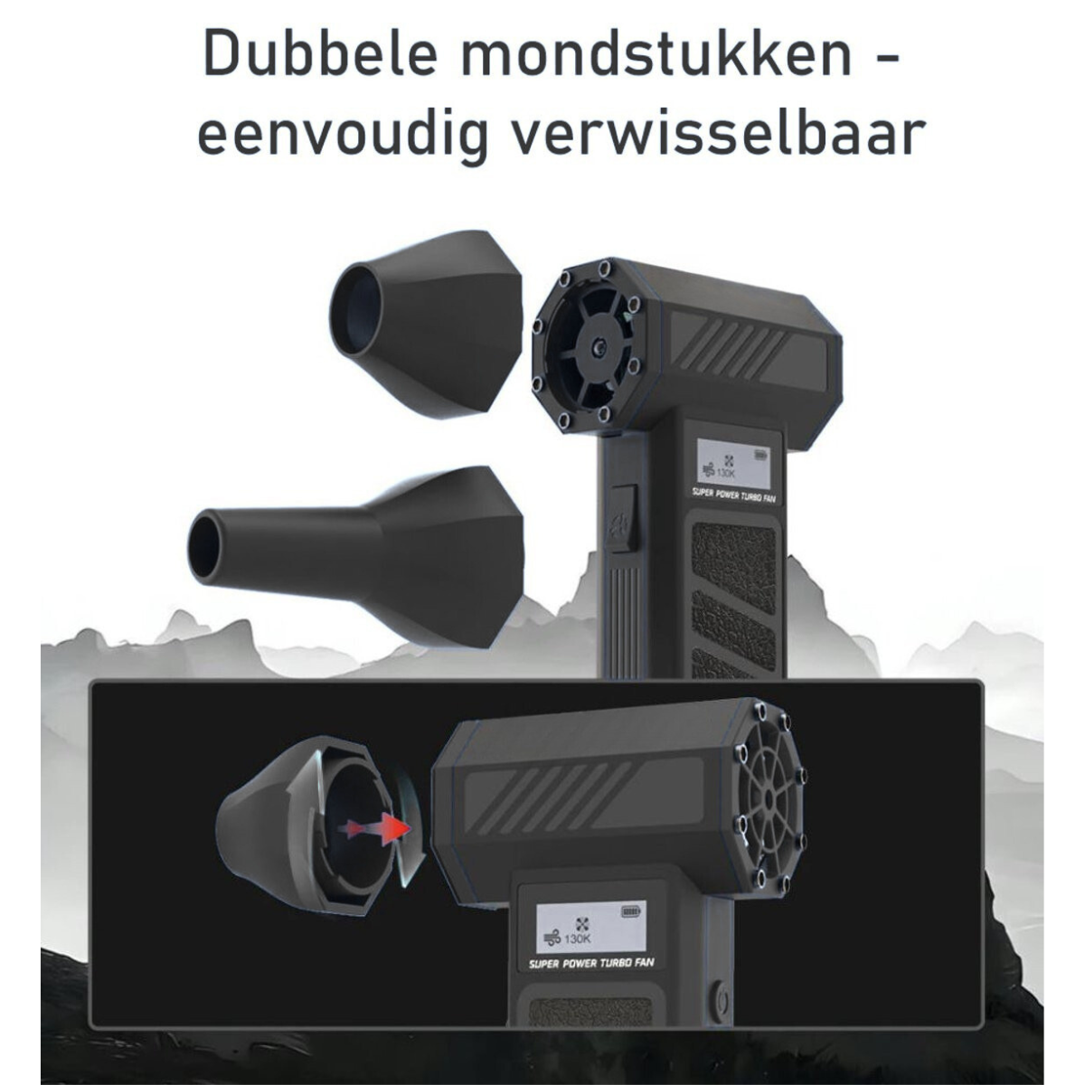 A black turbo fan with interchangeable nozzles. Display shows 130K.