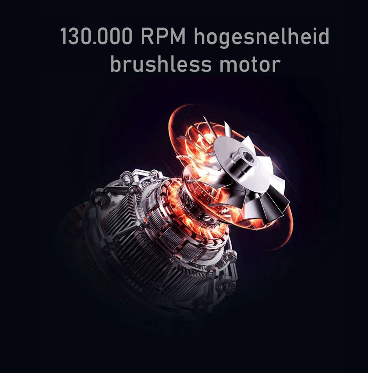 A detailed 3D render of a brushless motor with glowing orange internal components.