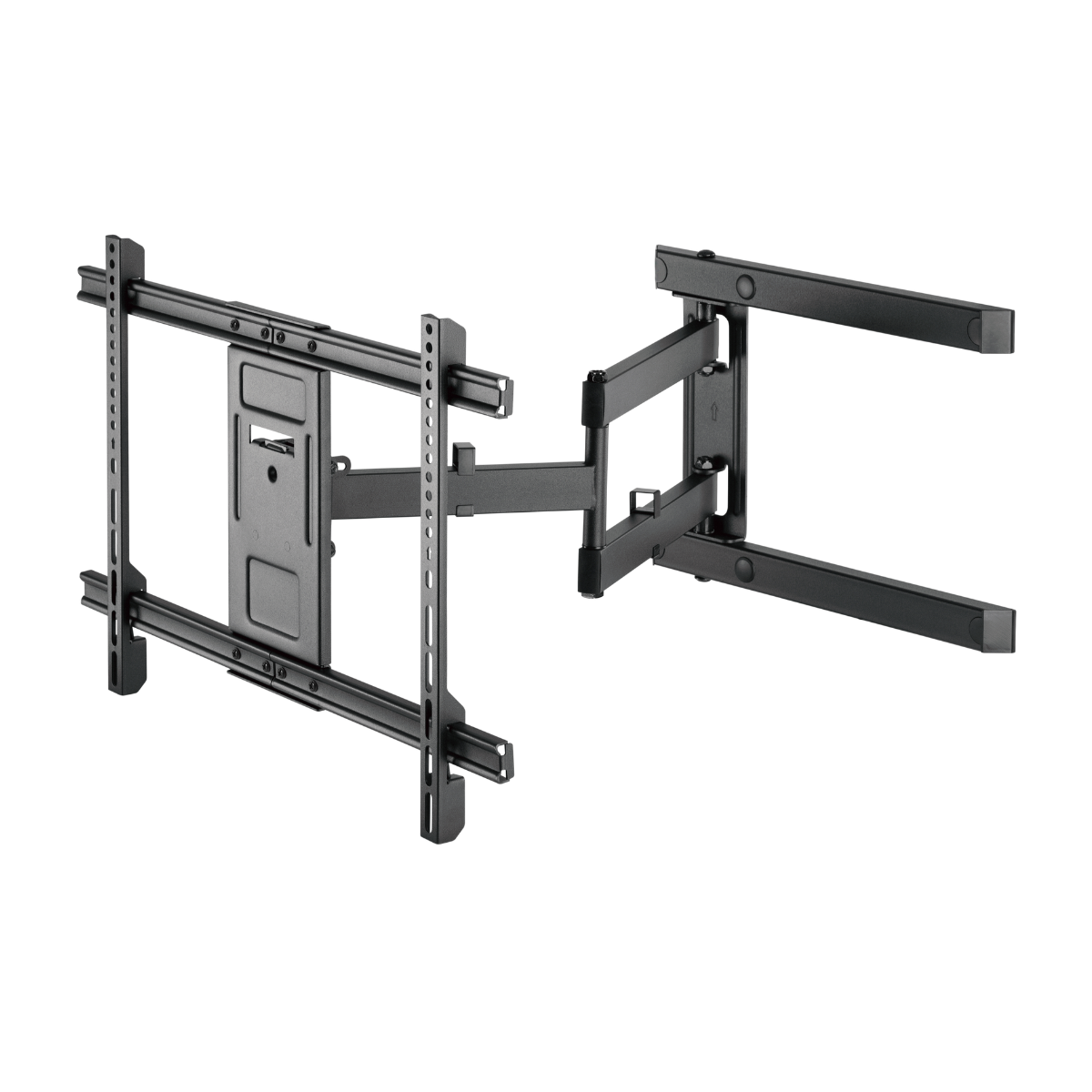 Black metal TV wall mount with adjustable arms and mounting brackets.