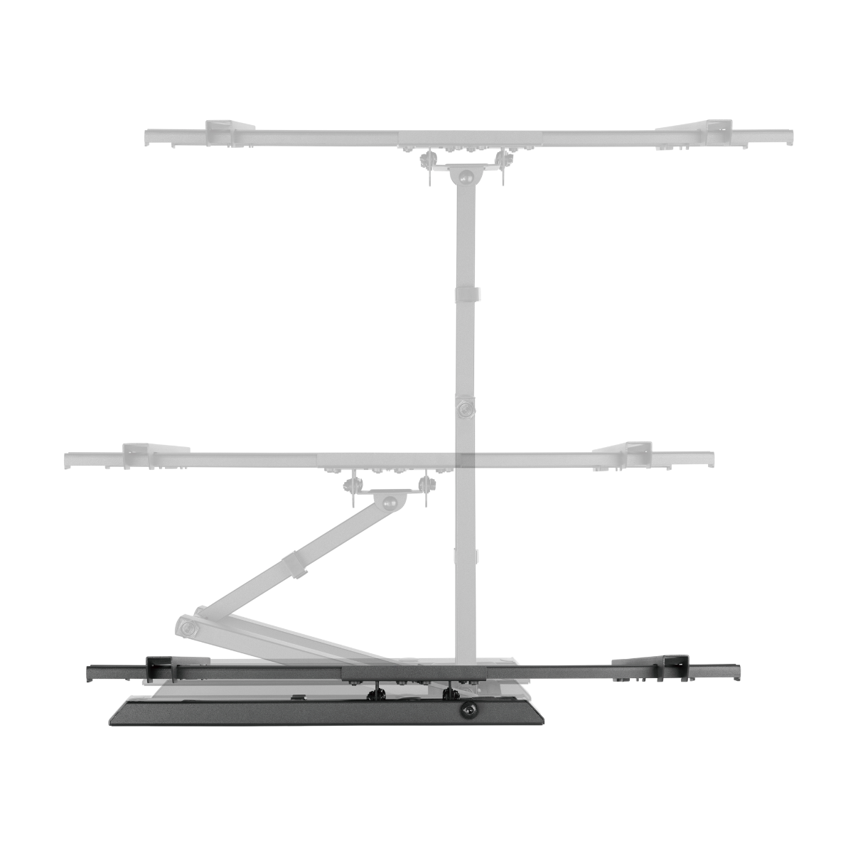 A gray monitor stand with an extending arm on a base.