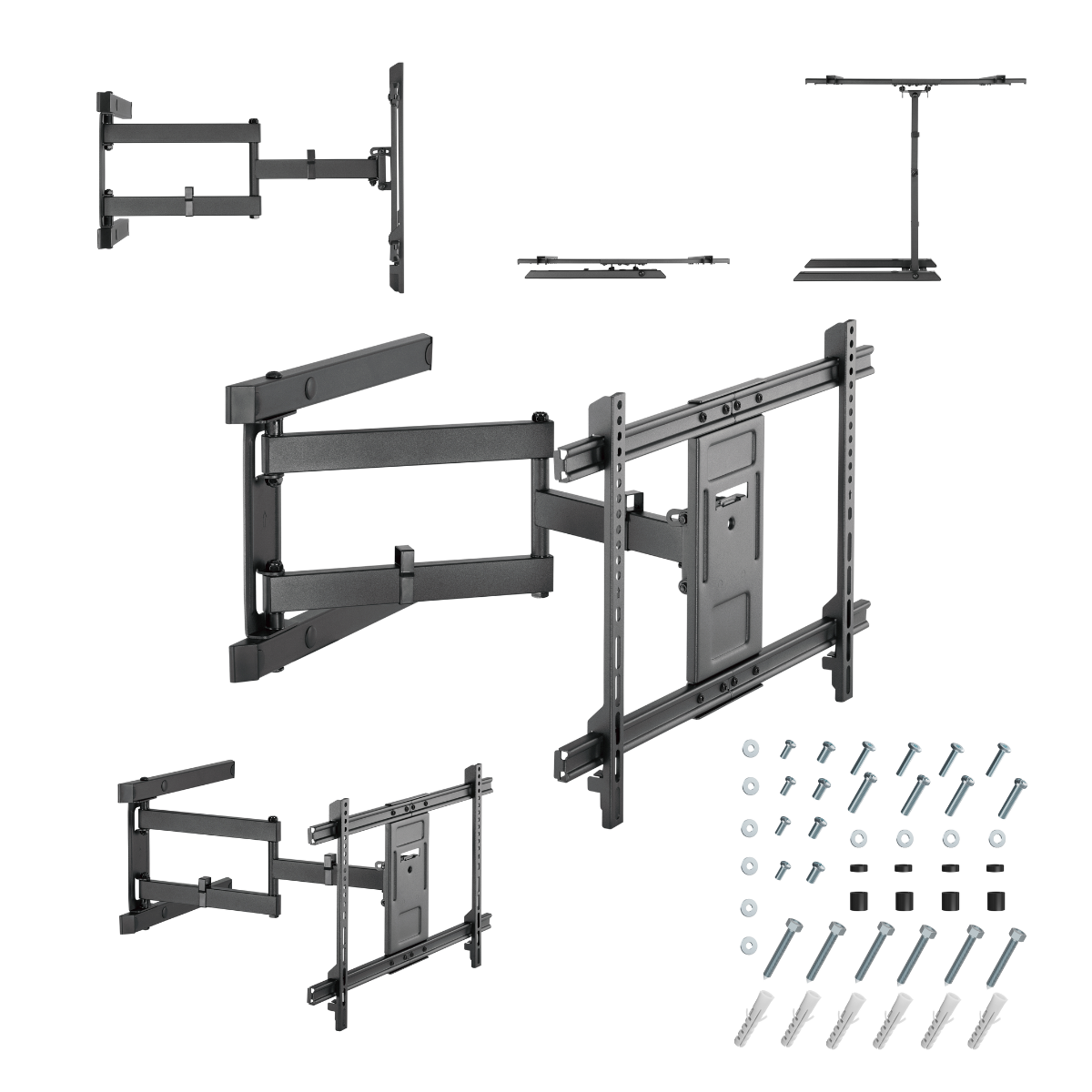 Various articulating TV wall mounts and hardware, displayed on white.