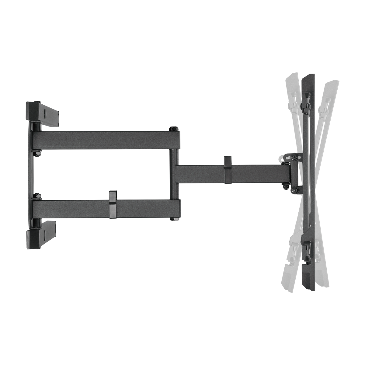 A black, articulating TV wall mount with an extendable arm on a white background.
