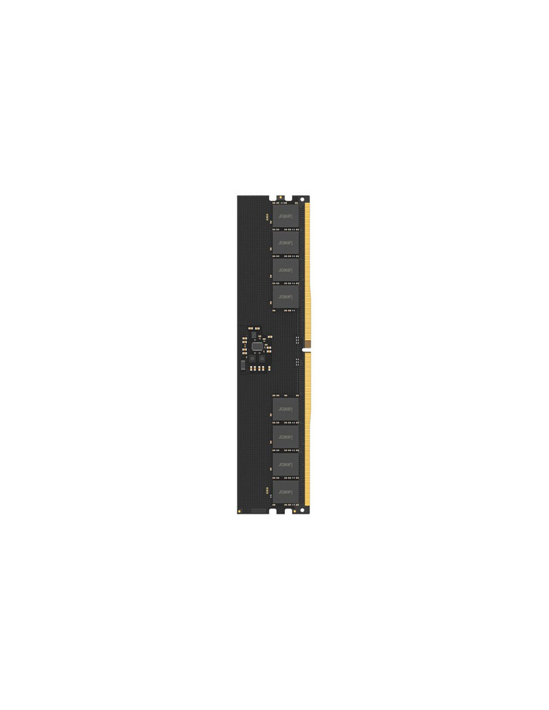 Una memoria RAM negra con contactos y chips dorados.