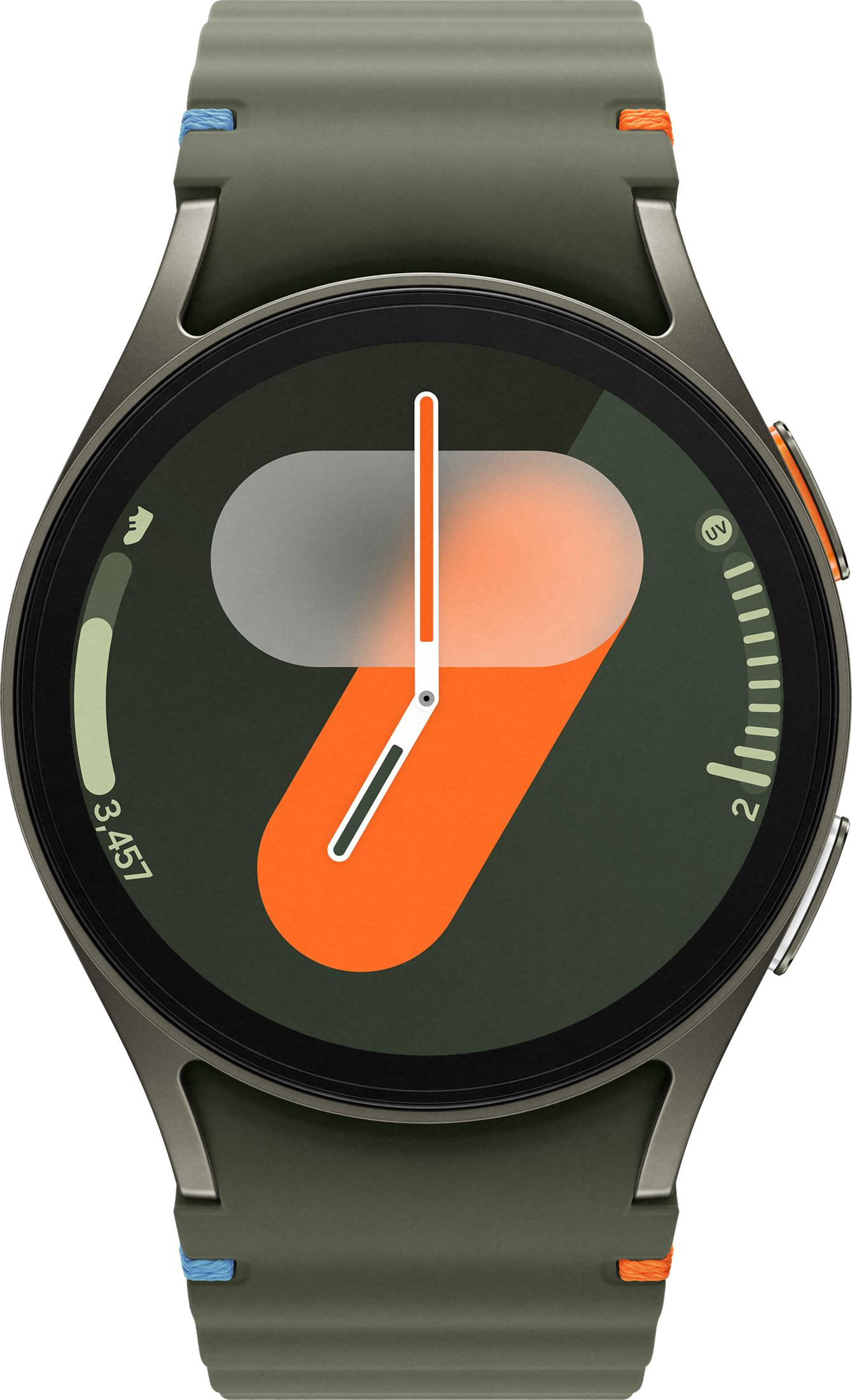 Eine grüne Smartwatch mit einem orange-weißen Zifferblatt und 3.457 Schritten.