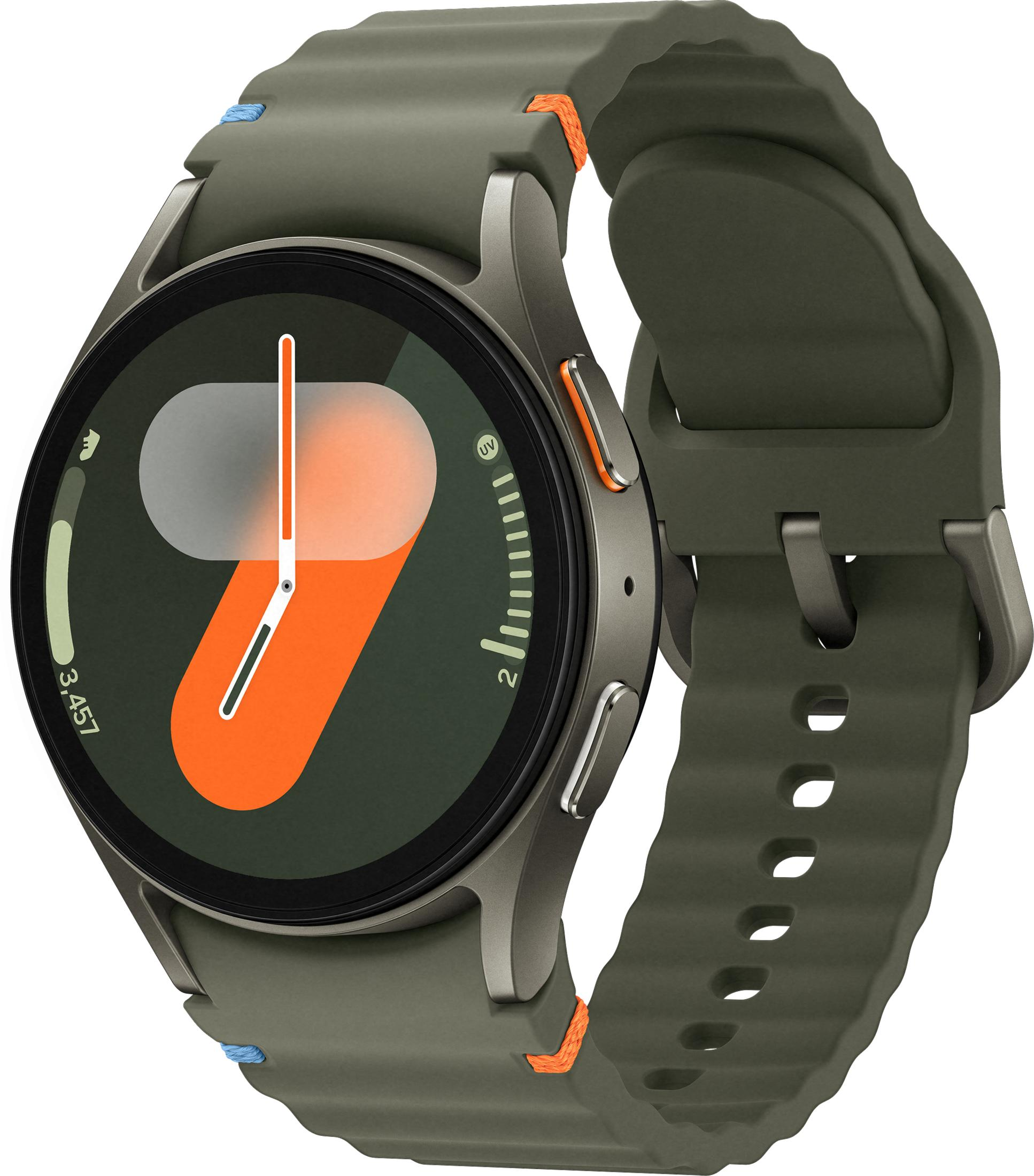 Eine grüne Smartwatch mit einem orangen Zifferblatt und blauen und orangen Akzenten.