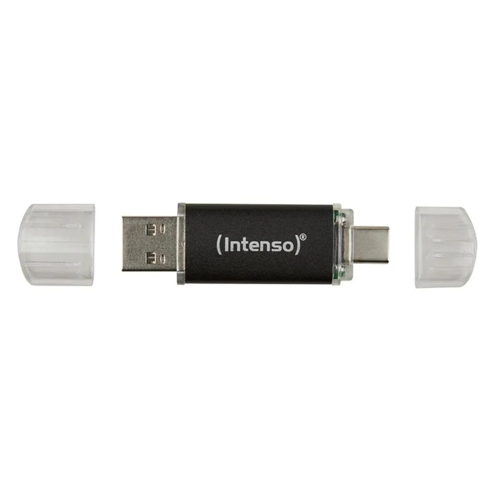Un'unità USB nera con cappuccio e connettore argentati.