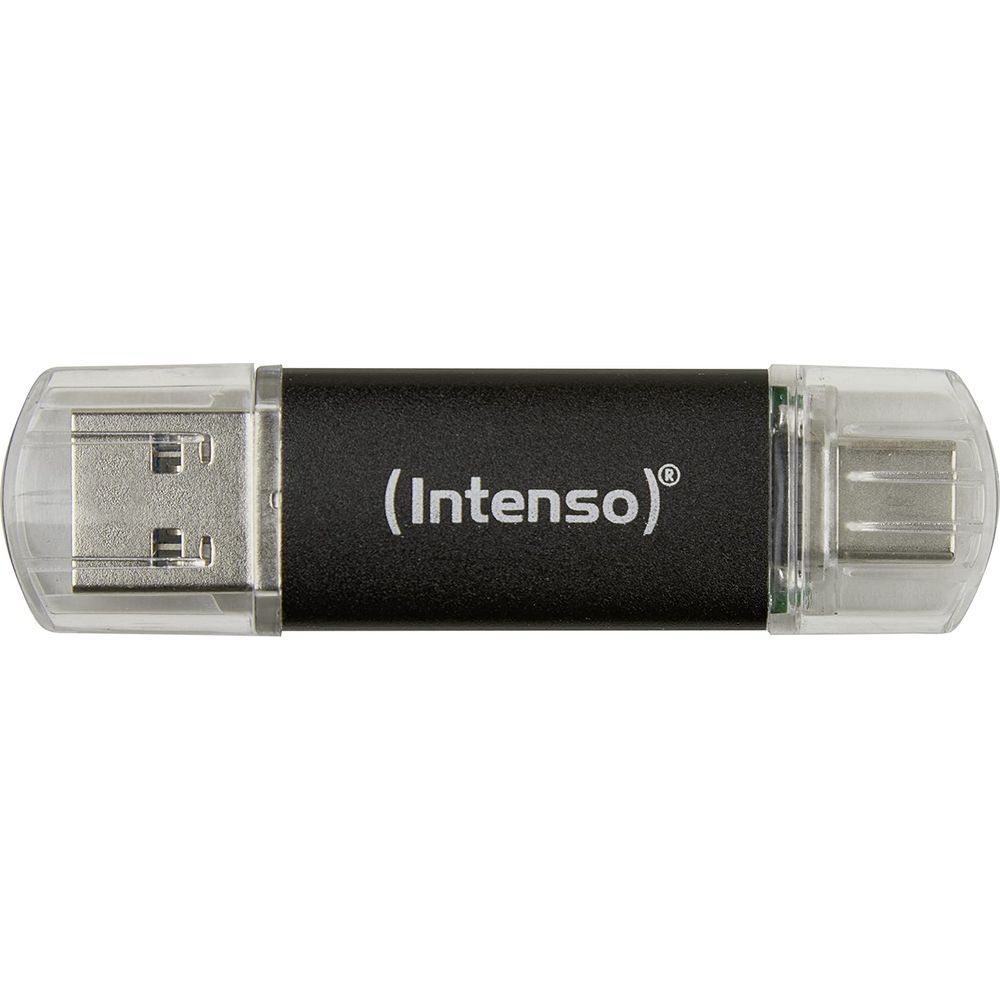 Una chiavetta USB nera con logo Intenso e cappucci trasparenti.