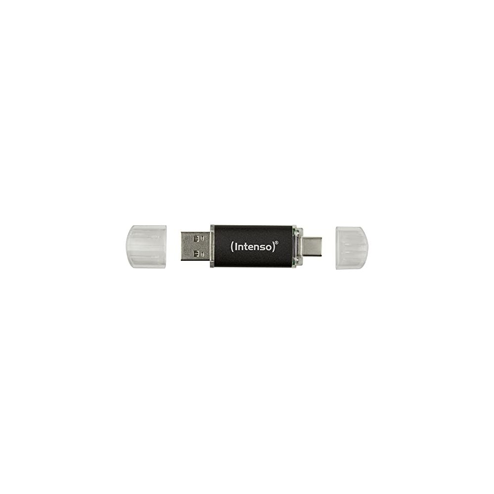 Un'unità flash USB nera con due tappi, un connettore USB-A e uno USB-C.