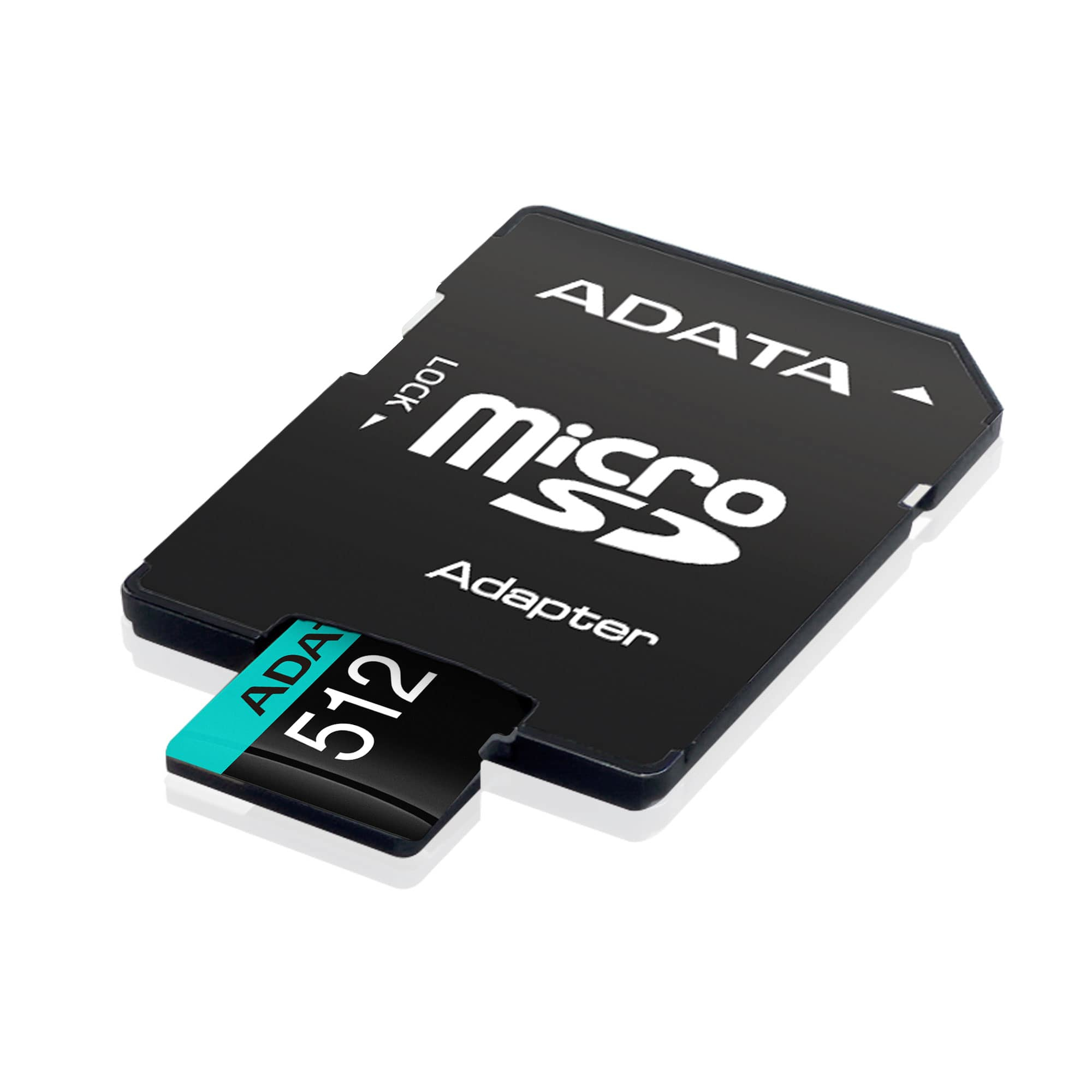Scheda adattatore MicroSD nera con logo ADATA bianco e capacità 512 GB.