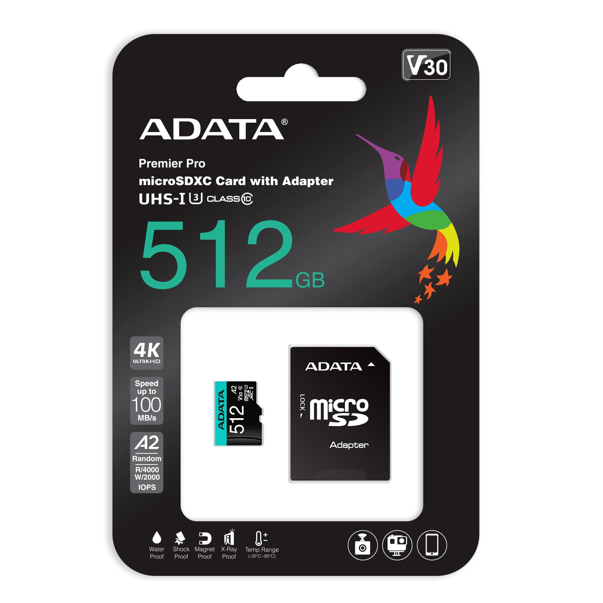 Scheda microSDXC ADATA Premier Pro da 512GB e adattatore con grafica di colibrì. V30, 4K UHD.