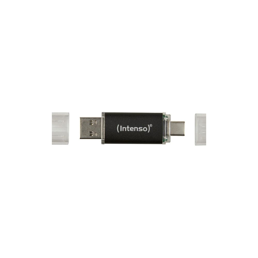 Ein schwarzer USB-Stick mit silbernem Anschluss und zwei durchsichtigen Kappen.