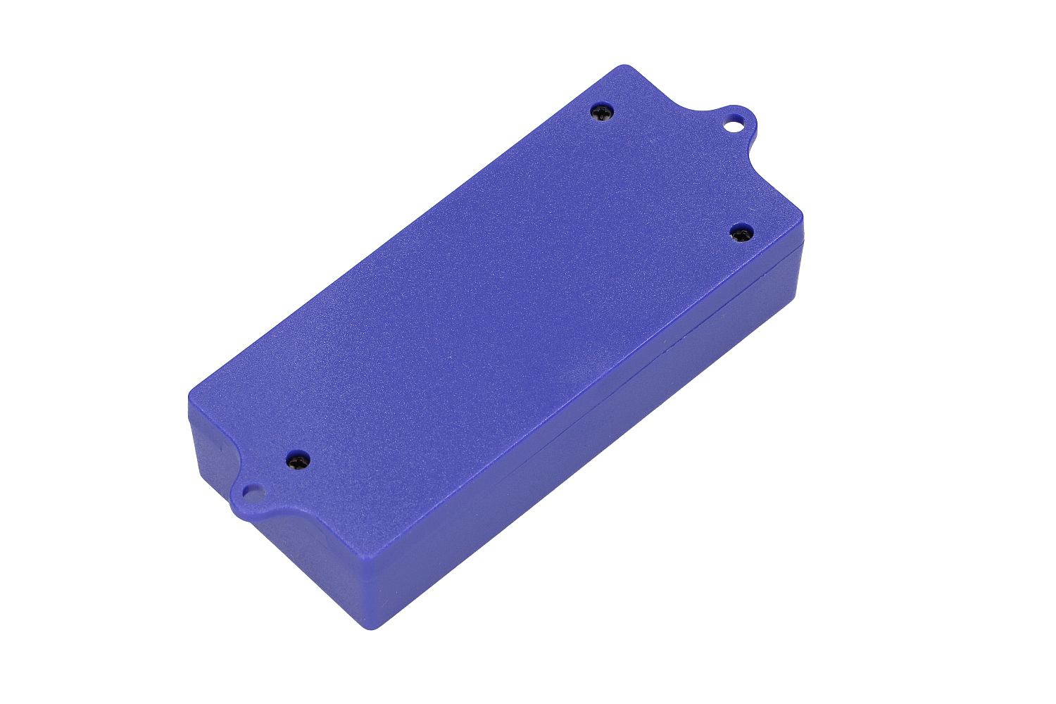 Una scatola rettangolare blu con due viti su ciascun lato.
