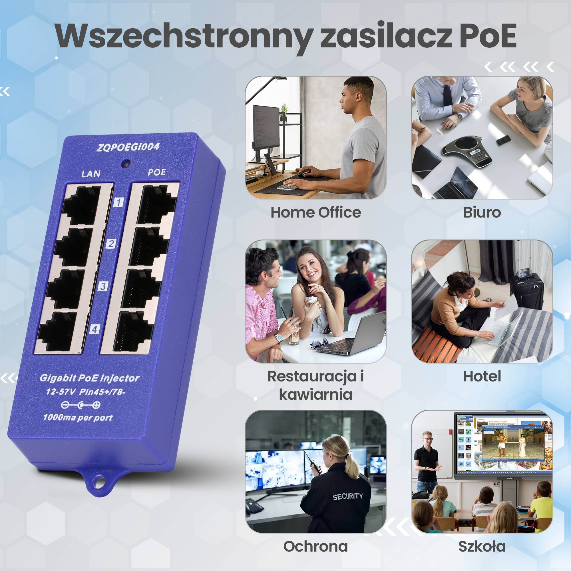 Un dispositivo iniettore PoE viola a 8 porte, con scene di ufficio domestico, affari e hotel.