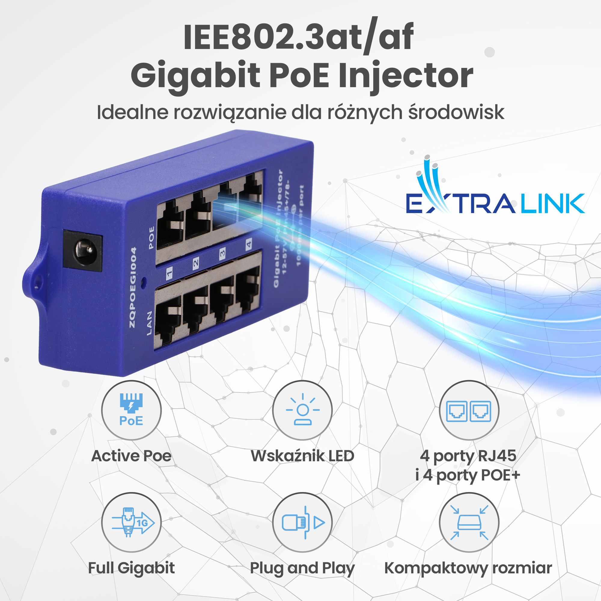 Un iniettore PoE Gigabit blu con 4 porte LAN e 4 porte PoE+, ideale per vari ambienti.