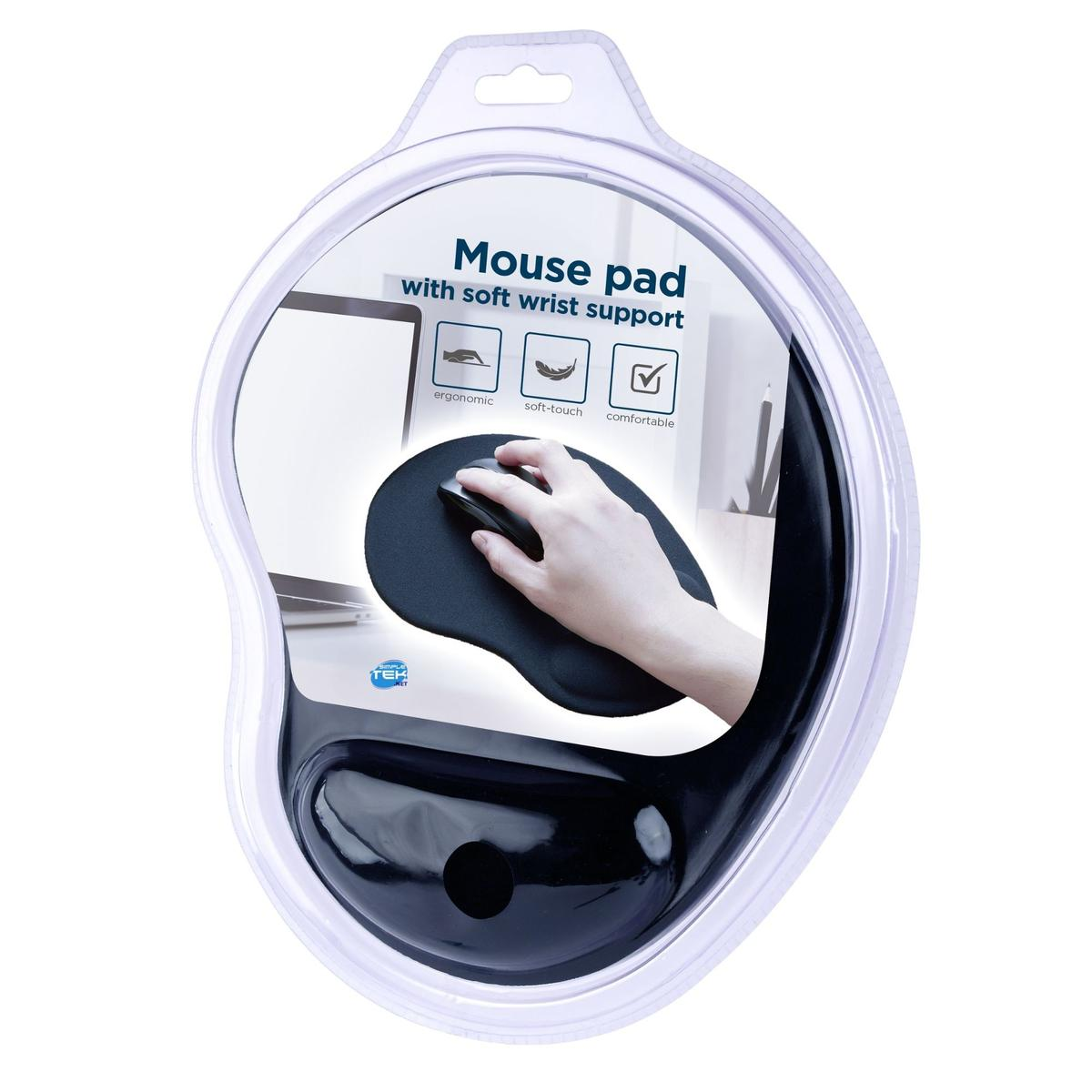 Tapis de souris noir avec support poignet dans emballage, main utilisant une souris.