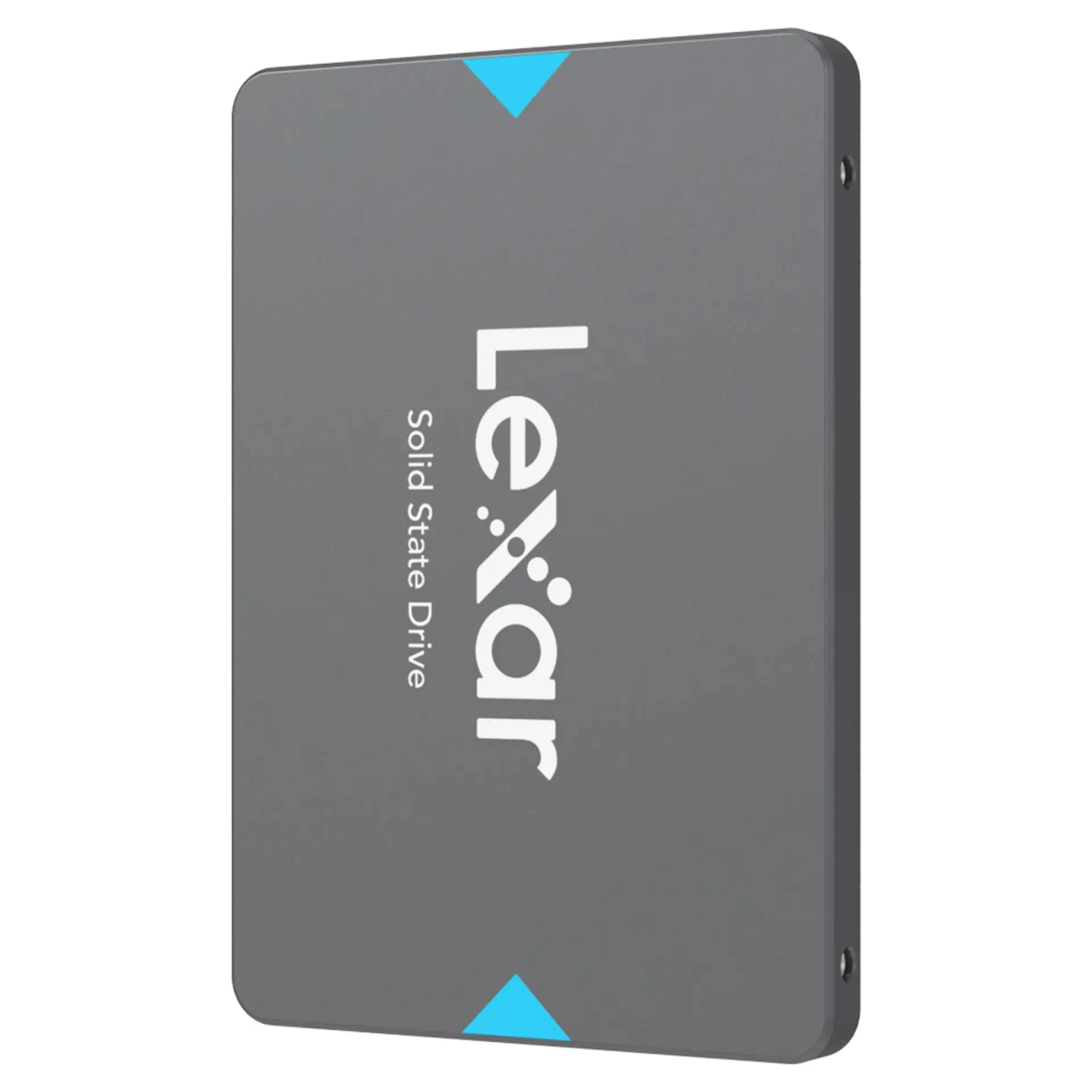 SSD grigio con logo Lexar e design a triangoli blu. Fattore di forma da 2,5 pollici.