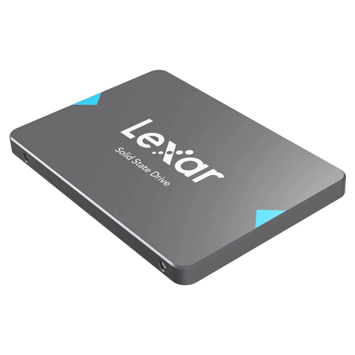 Lexar Solid State Drive su sfondo bianco, con accenti blu agli angoli.