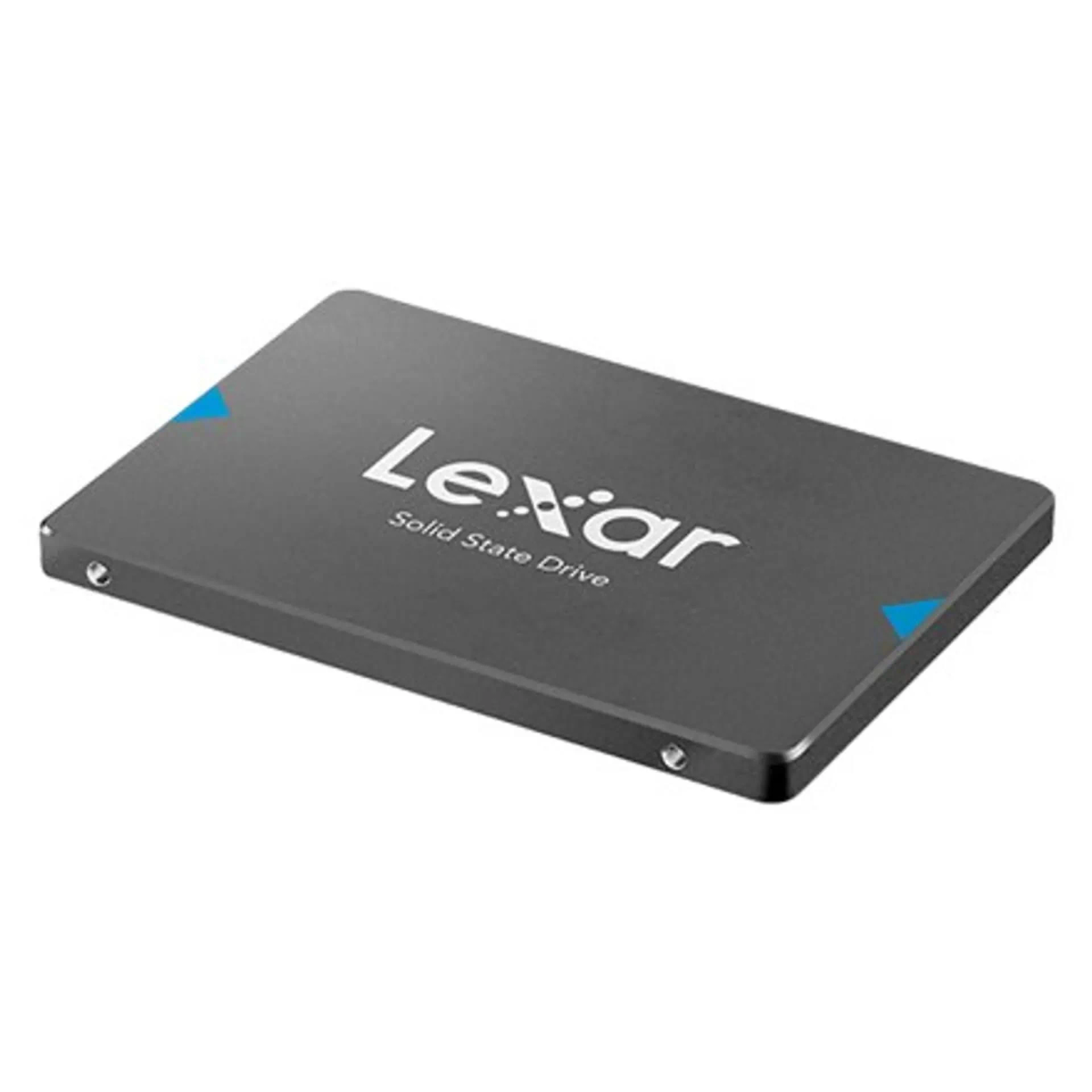 Un Lexar Solid State Drive grigio con accenti blu su sfondo bianco.
