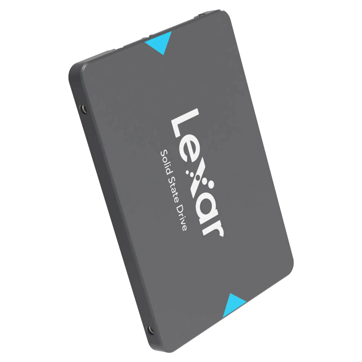 Solid State Drive Lexar grigio con triangoli blu e testo bianco.