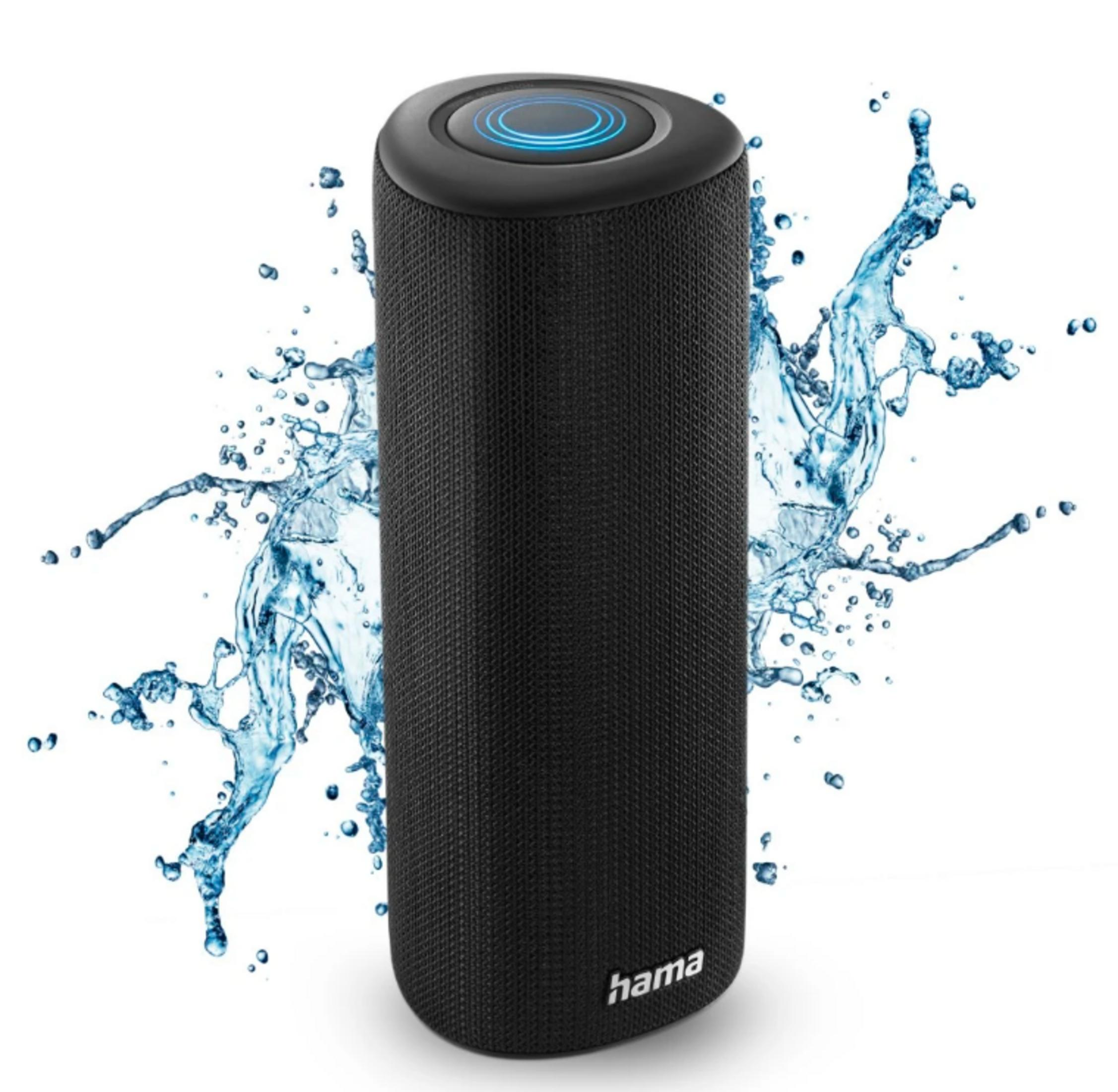 Czarny głośnik z niebieskim pierścieniem świetlnym i rozpryskami wody.