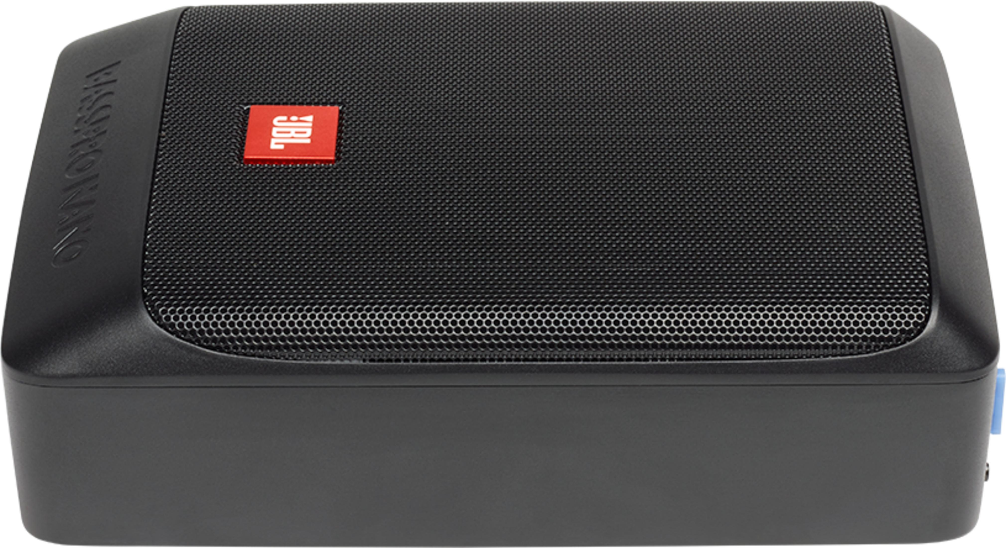 Enceinte Bluetooth JBL noire avec logo rouge et motif en grille.