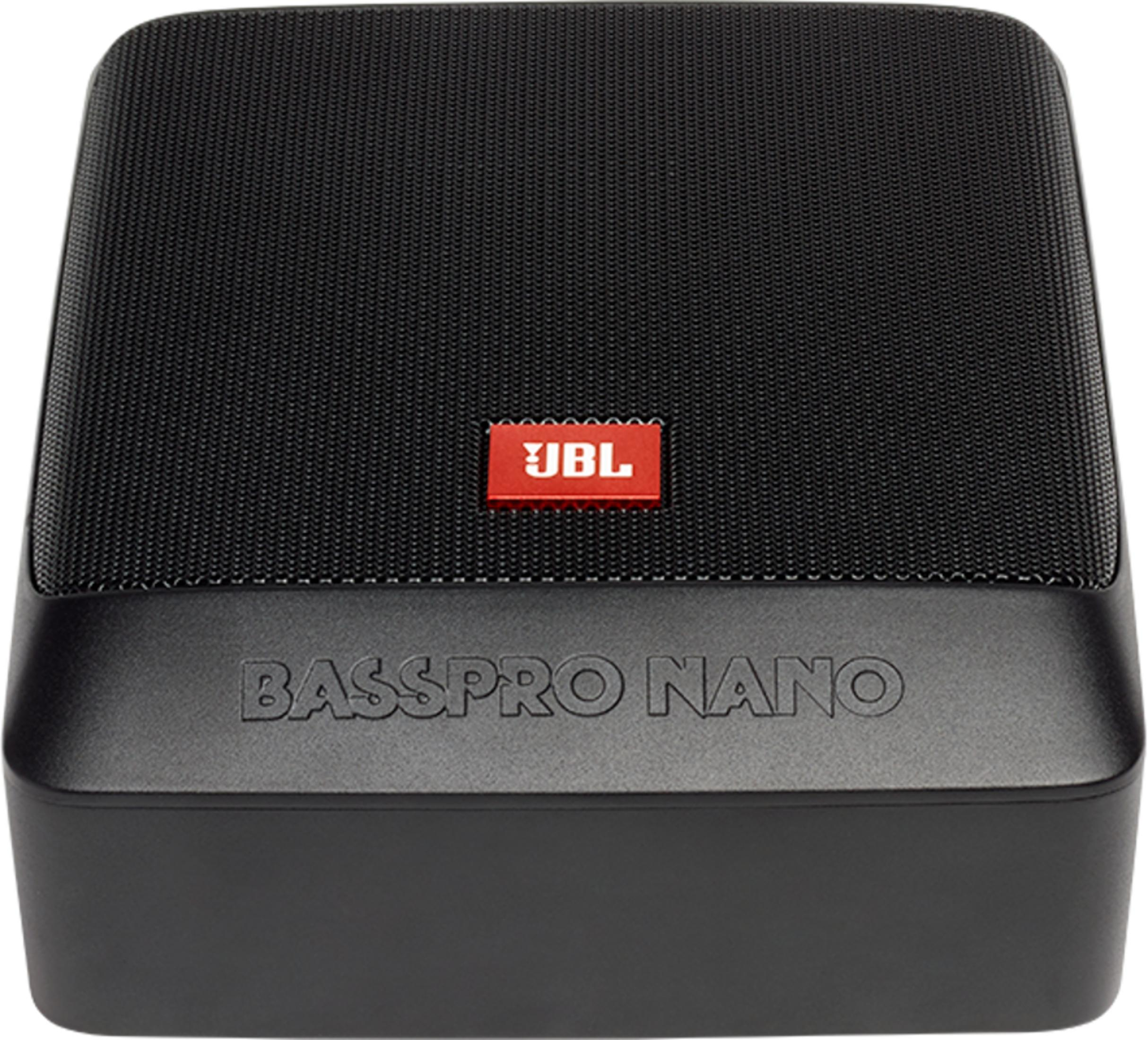 Un subwoofer compact noir avec logo JBL rouge et inscription "BASSPRO NANO".