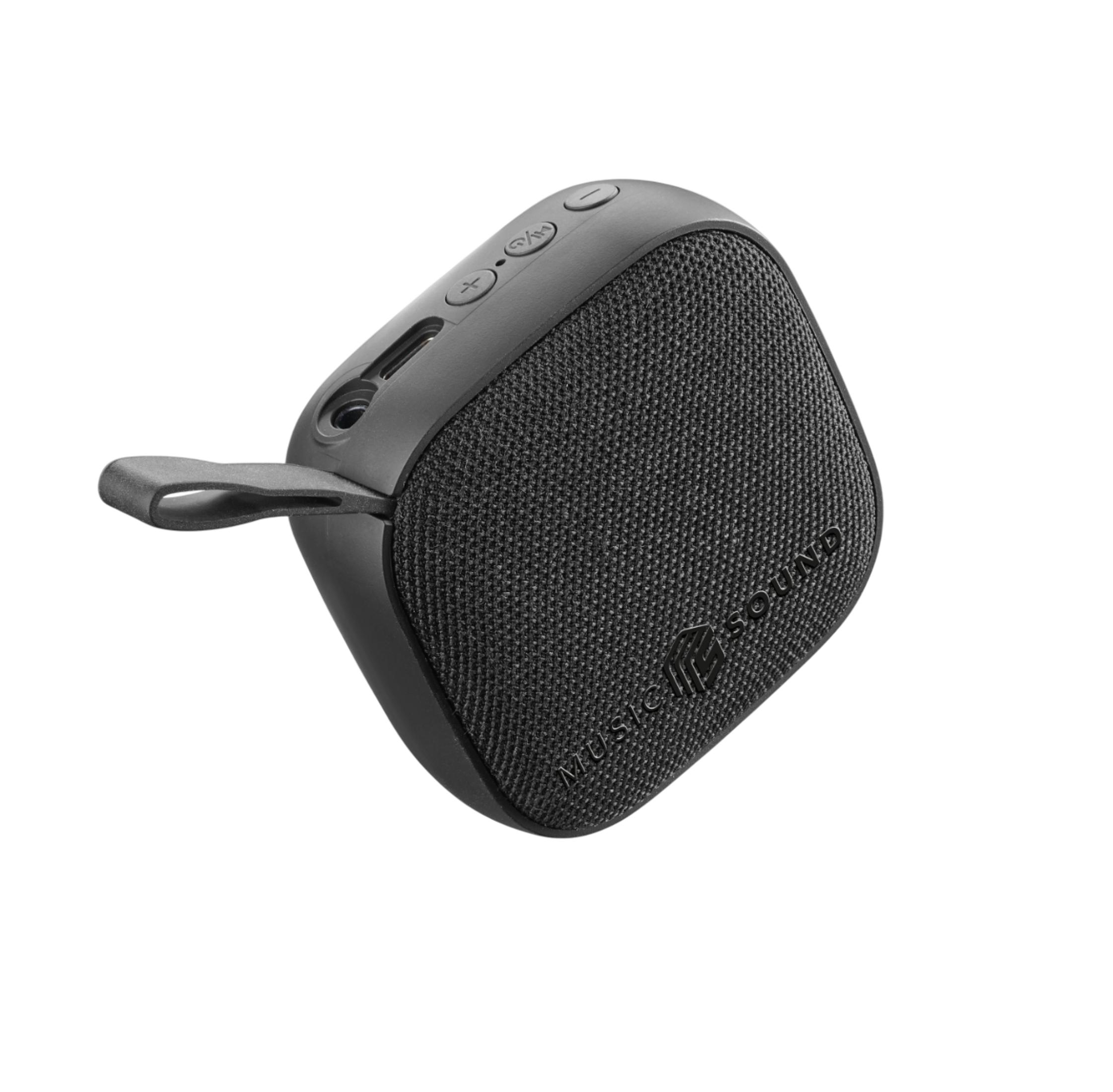 Czarny, kompaktowy głośnik Bluetooth z materiałową siatką i pętelką.