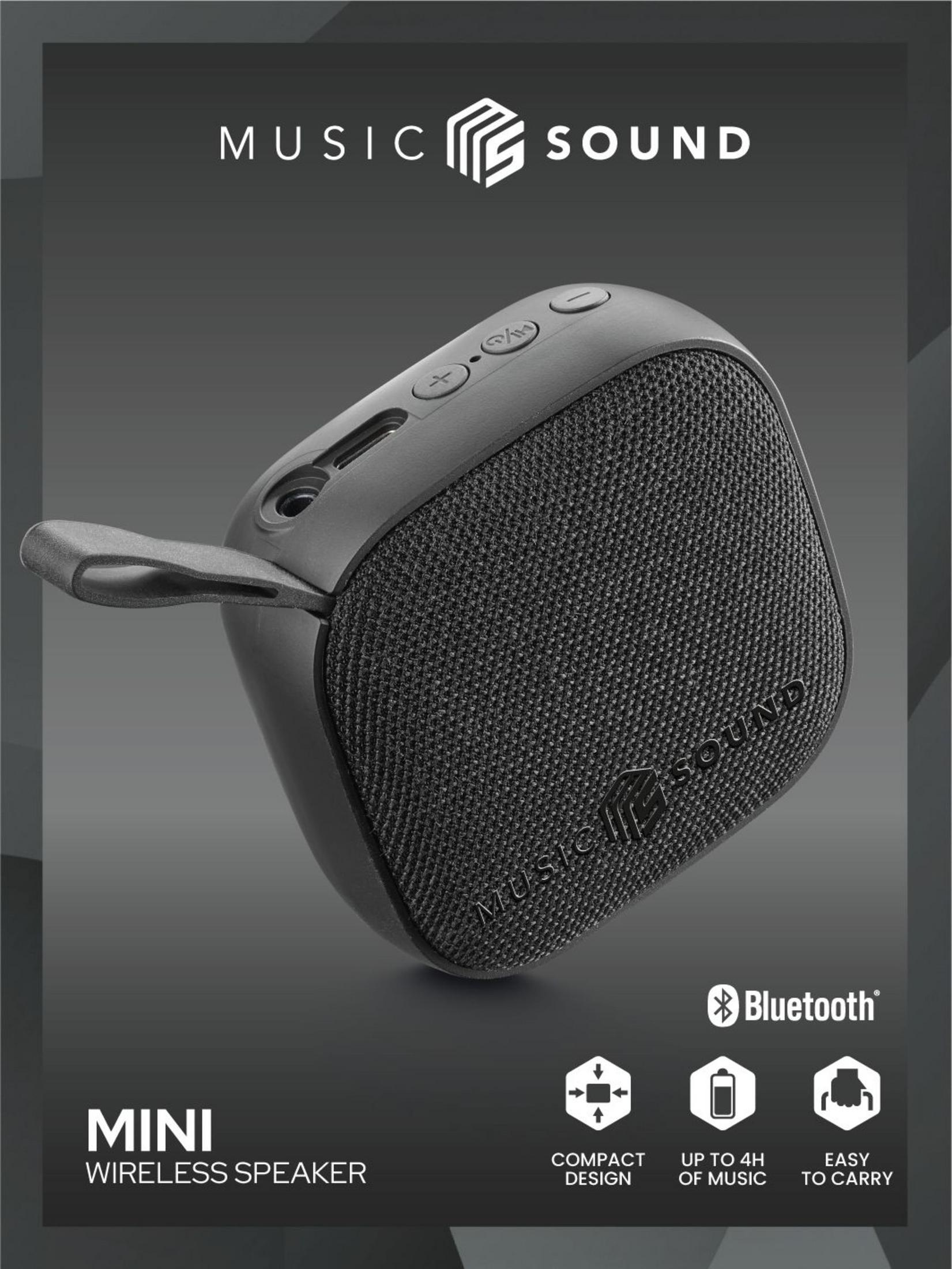 Czarny mini głośnik Bluetooth z przyciskami głośności i paskiem.