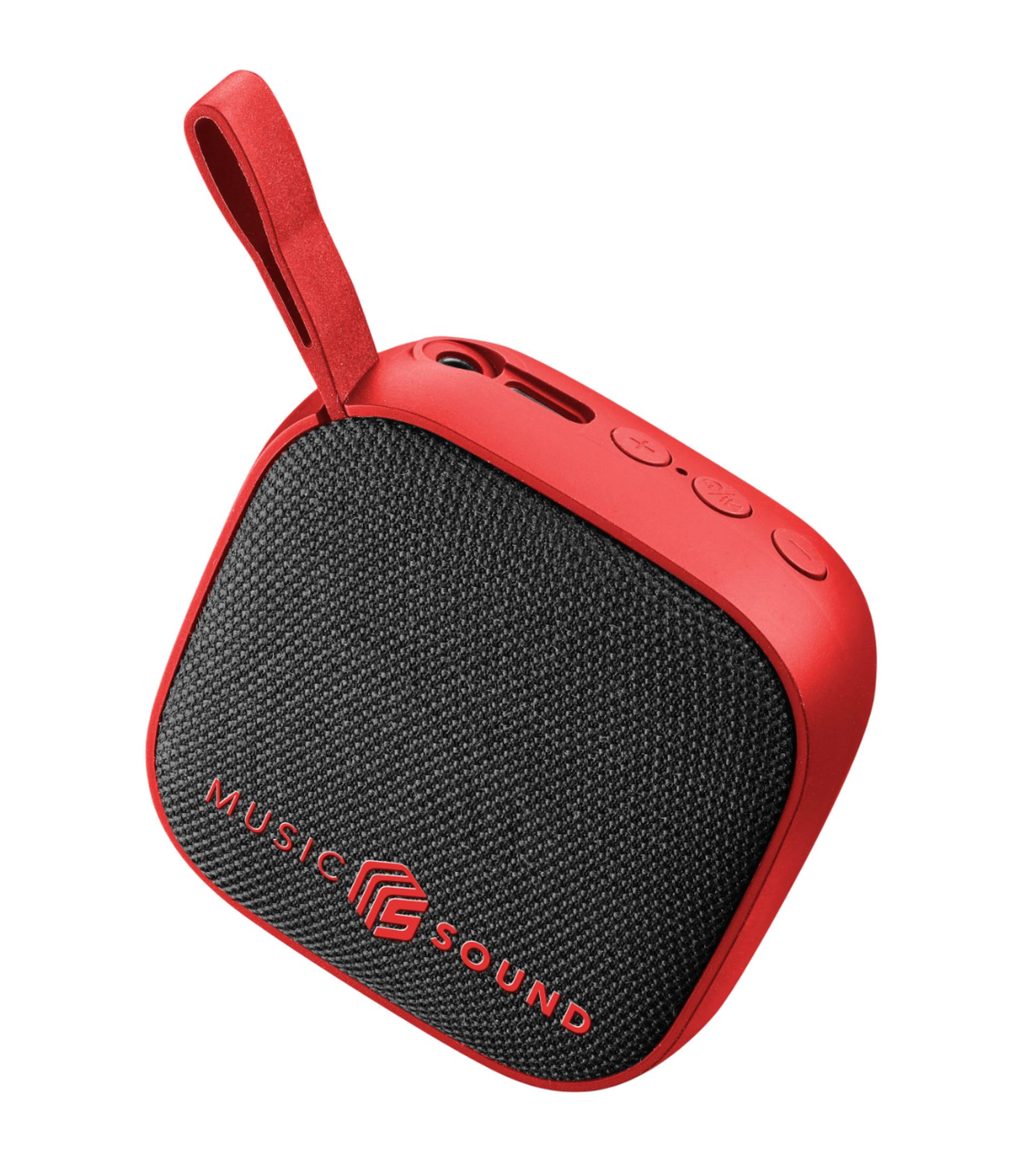 Altoparlante Bluetooth rosso con griglia in tessuto nero e cinghia.