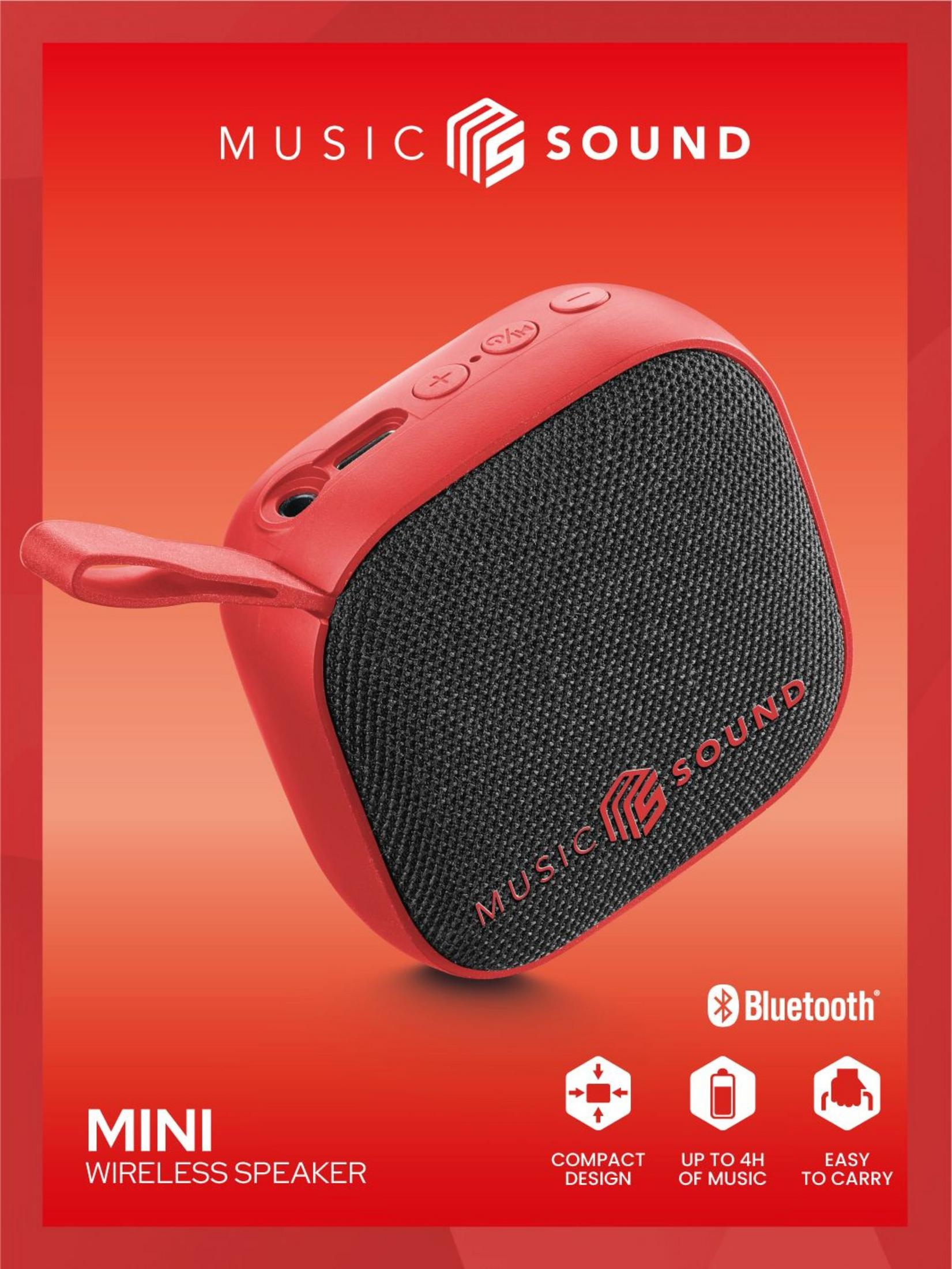 Un mini speaker Bluetooth rosso con griglia nera e controlli.
